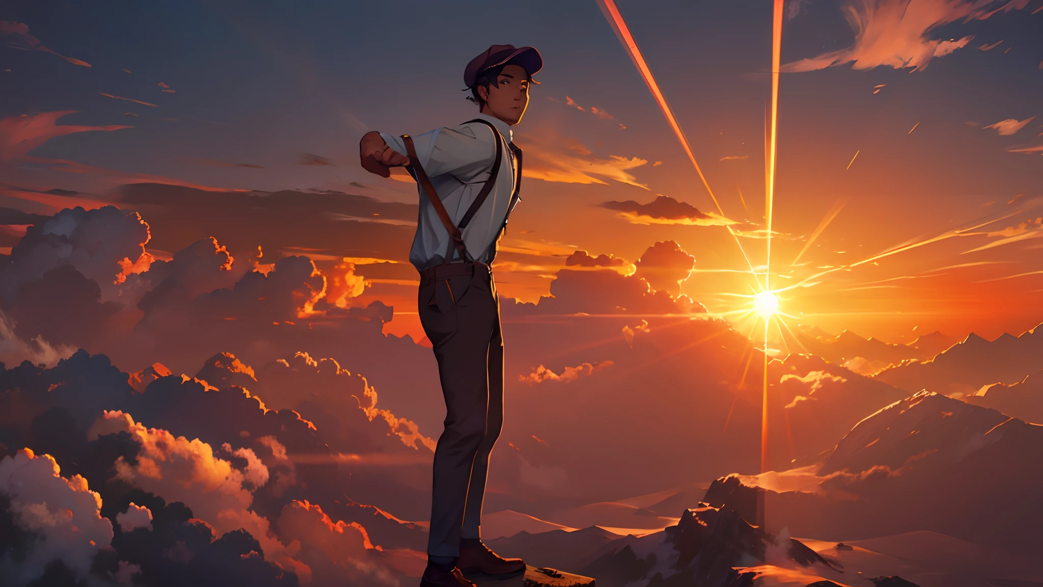 the sunset,eventide,Suspenders,Stand on top of the mountain with your feet,Boy student,Turning around