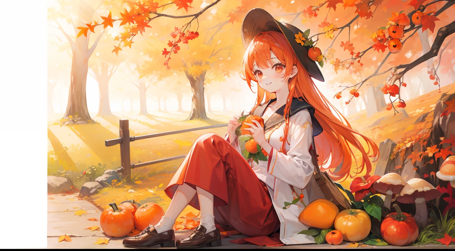 Fruiting autumn、Fertility in the fall、meter、mushroom、persimmon、Satsuma、smiling  girl、Orange hair、Flowers