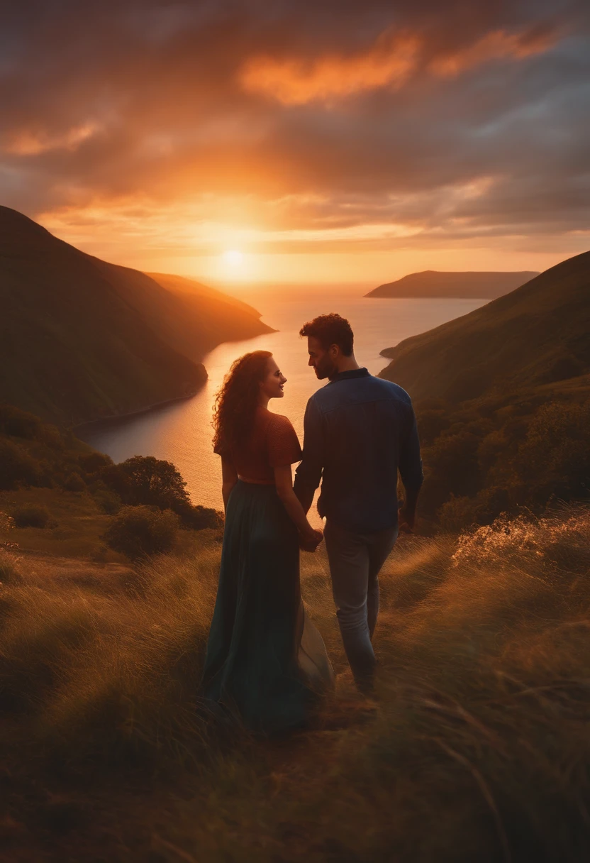 Happy couple in a fantastic world, Holds Yorkshire, mont, the sunset, ultra-realistic realism, girl with curly hair