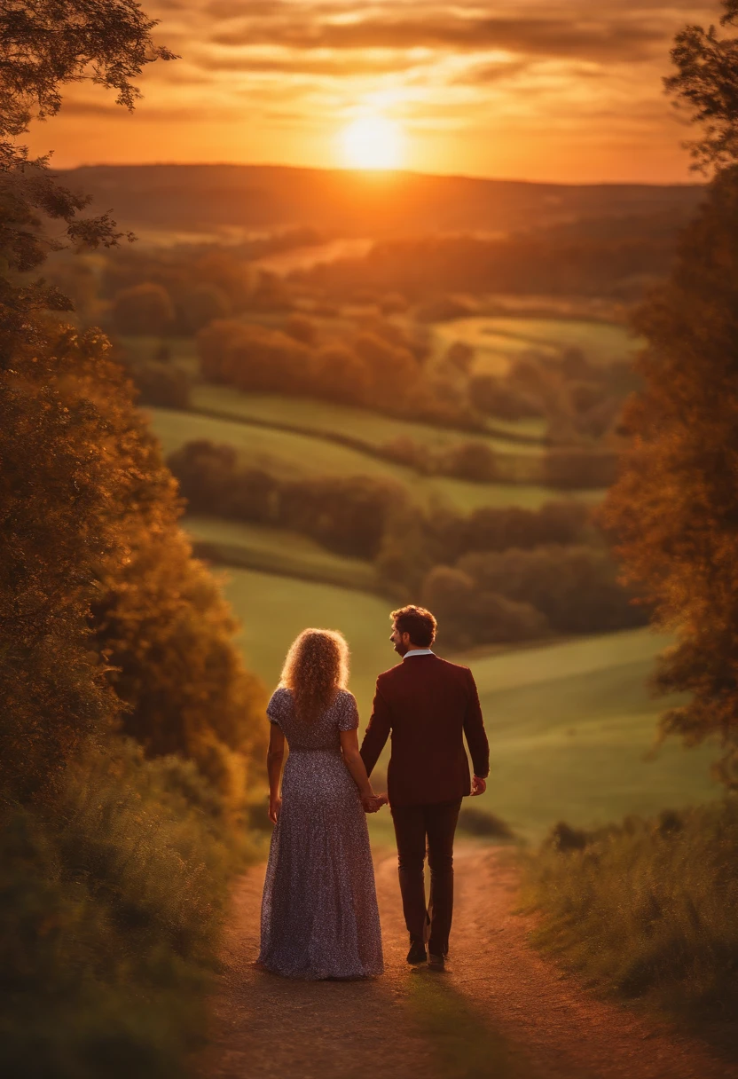 Happy couple in a fantastic world, Holds Yorkshire, mont, the sunset, ultra-realistic realism, girl with curly hair