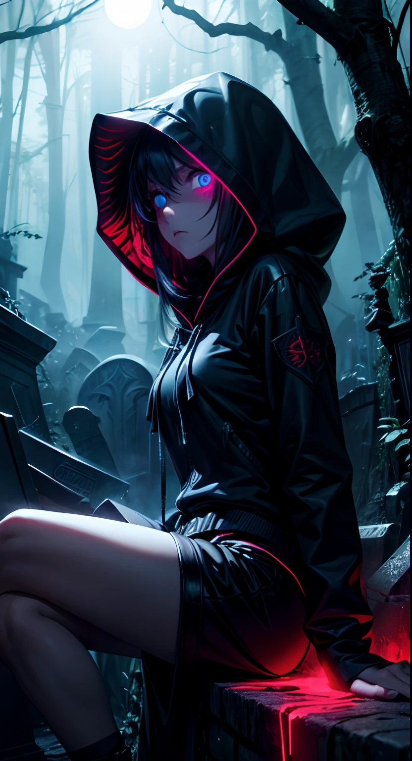 1 Solo, woman,hood,, mascular body,, glowing blue eyes, sitting with tree,,grim soul,,graveyard,,dark black shorts, dark black rose, scary , fantasy jungle,red moonlight, scared cinematic shot,((masterpiece, best quality, )),