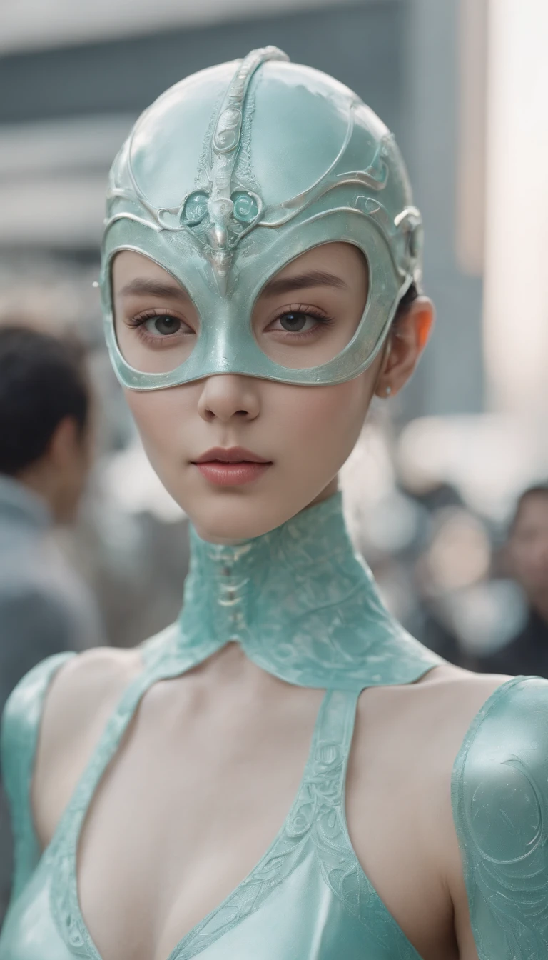 offcial art, Unity 8k壁纸, ultra-detailliert, Beautiful and aesthetic, Beautiful, masterpiece, top-quality, raw, super thin photo, 超A high resolution, Photorealista, sunlights, portrait of a full body, unbelievably beautiful, dynamicposes, delicated face, Vibrant eyes, (from side view), Person in strange futuristic mask and extravagant retro fashion outfit々with the、The town has、There was a man and a woman in old ornaments with alien makeup、There are mechanical pets, 1960s science fiction film by Wes Anderson, PastelColors, Rosa, blue and green, natural soft light, Psychedelia, Strange Futurism, foco nítido, intrinsic, Fuji 55mm Film, ighly detailed, 详细的脸, Detailed complex background occupied, Messy, Beautiful fece, Milky, highlydetailed skin, Realistic skin details, Visible Pore, foco nítido, Volumetric mist, 8K UHD, dslr camera, hightquality, Cinematograph granularity, rendered, Lomography, Expanding metropolis in retro-futuristic dystopia, View from below, semi transparent