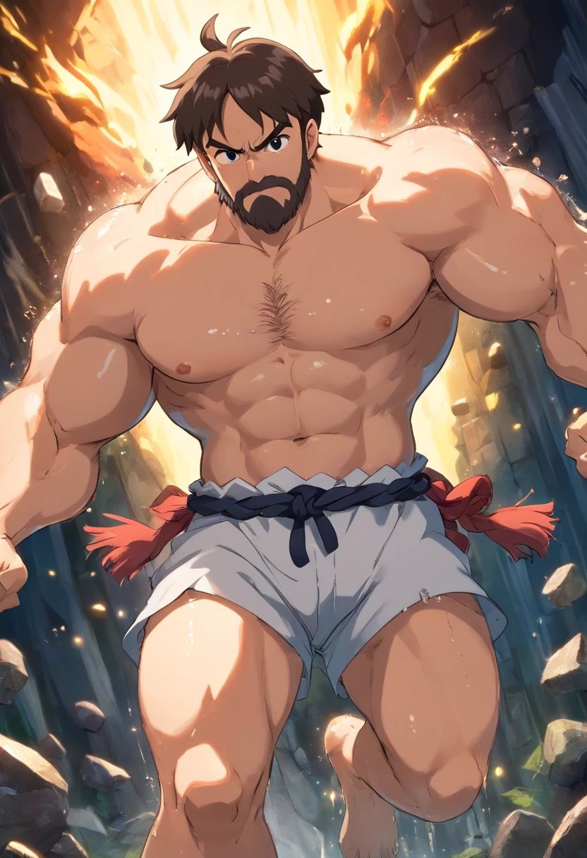 Short hair and short beard, Adult male wearing wet white tee, Fat but muscular man, If you have dirt on your face, He is fat but muscular in appearance. He has an angry look on his face. The setting is set against the backdrop of my dark atmosphere. (high resolucion, Masterpiece:1.2), Ultra-detailed, realisitic:1.37, HDR, studio lit, extreme detail description, professional, vibrant colours, Bokeh, portrait of a, mining, action
