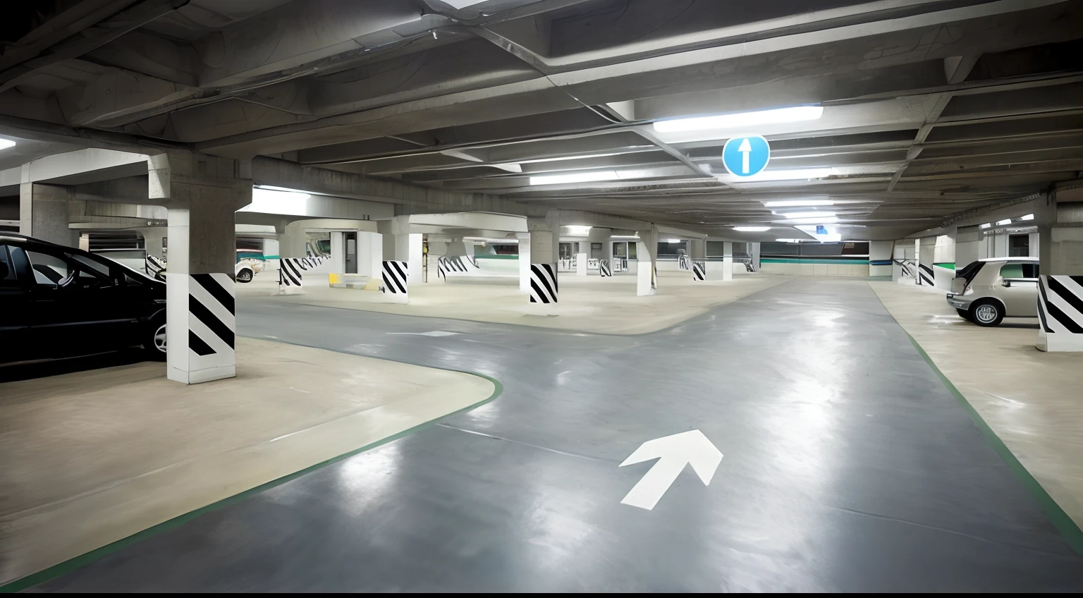 A car with a sign is parked in the garage, pointing to the right, Located inside the garage, in the underground parking, parking, Located in the parking lot of Tokyo Bank, Underground structure, Inside a garage in Tokyo, Cars, parked underneath it, Frightening empty liminal spaces, Garage, Internal Boundary Space, angular, accent lighting