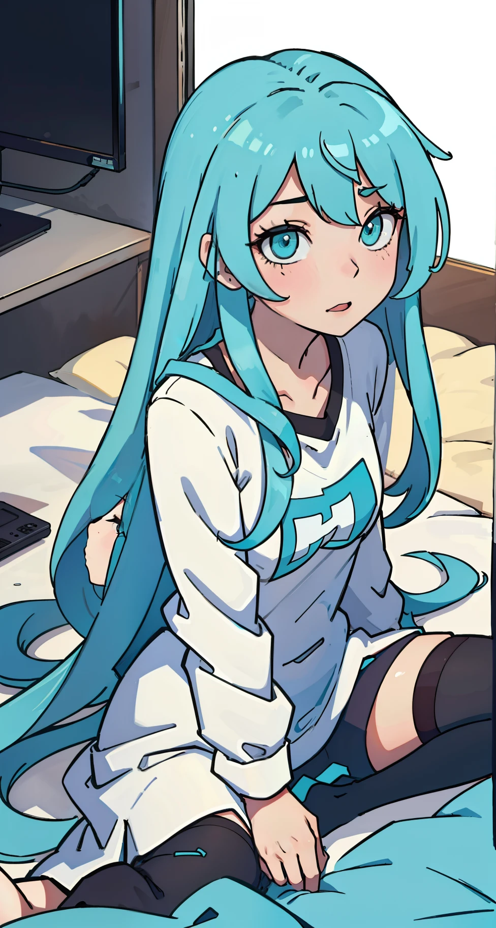 (best qualityer:0.8), (best qualityer:0.8),k hd,high qulity,1girll, long cyan hair,Sexy clothes,NOWAI,Lie down,Spread your legs, big beast