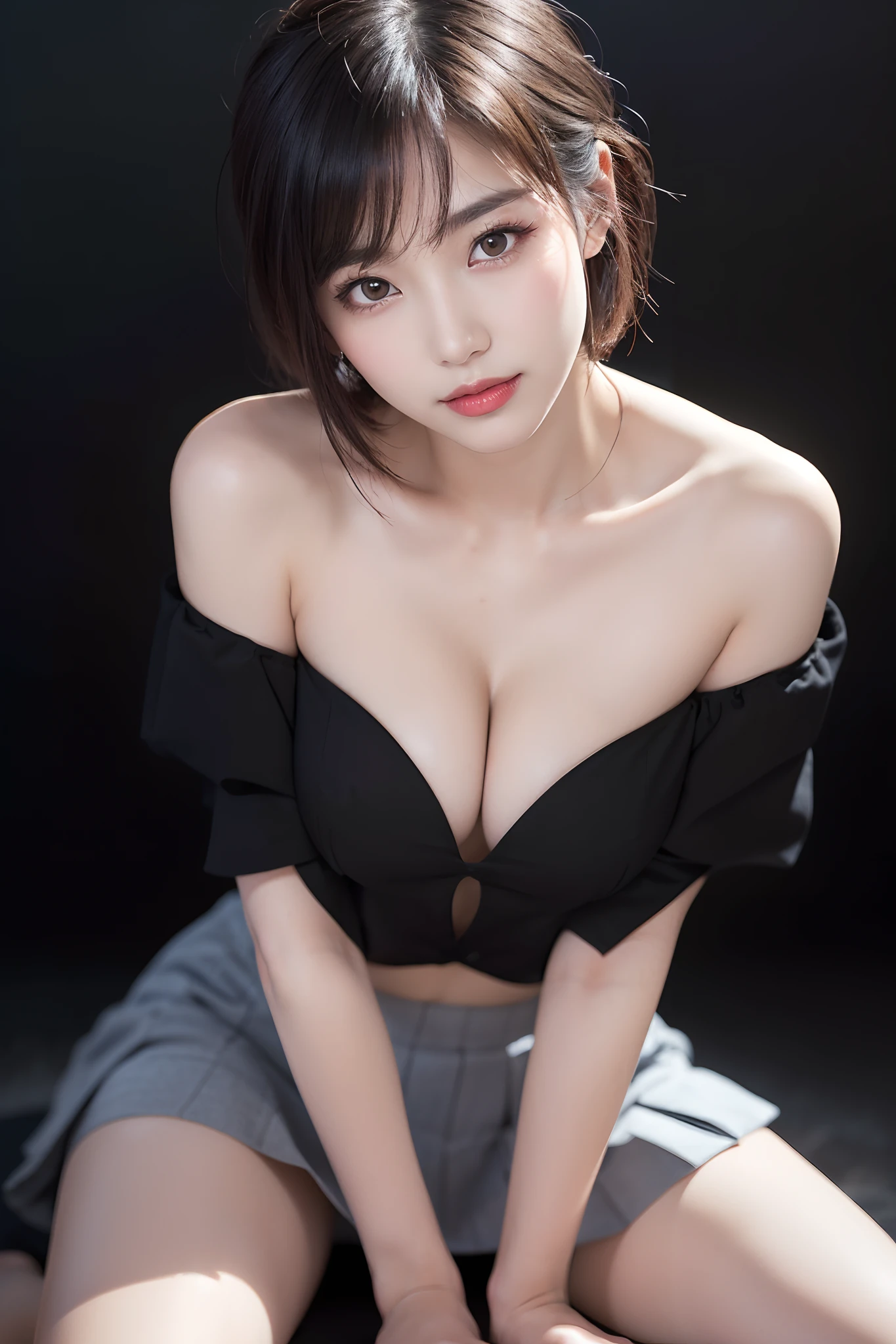 (((1girl in:1.3, Solo))), Very close-up face image of very pretty and beautiful Japan woman, (((symmetry:1.5, Centered image:1.5))), (1 that emphasizes seductive cleavage: 1 Configuration), (Very close-up face image:1.5), (sexymodel), professional attire, (22 years old: 1.1), (k from bottom:1.3, low angles), (sit astride:1.5, Walk around your audience:1.5), ((girl on top:1.5)), ((Hands between legs:1.3)), (Attractive random poses:1.3), BREAK HA, (shiny black fine hair:1.2), (Wavy and messy hair:1.3), dark brown eyes, Beautiful eyes, Princess Eyes, Bangs, hair between eye, Short hair:1.3, curby, Abs, Perfect Abs, (huge-breasted:1.5, drooping chest:1.5, disproportionate-breasted:1.5), (thin waist: 1.15, Abs:0.95), (Detailed beautiful girl: 1.4), Parted lips, Red lips, Full makeup face, (Shiny skin), ((Perfect female body)), (Upper body image:1.3), Perfect Anatomy, Perfect proportions, (The faces of the most beautiful Korean actresses:1.3, Very cute and beautiful Japan actress face:1.3, Seductive light smile, Happy, BREAK, (Bare shoulder, Chest squeezed together, View Viewer, (baretop:1.3), (Loose pleated skirt:1.3), detailed  clothes, BREAK, (Simple dark gray background:1.2), (Dark background), (Studio Soft Lighting: 1.3), (Fake Lite: 1.3), (Backlight: 1.3), BREAK, (Realistic, Photorealistic: 1.37), (masutepiece, Best Quality: 1.2), (Ultra High Resolution: 1.2), (Raw photo: 1.2), (Sharp Focus: 1.3), (Face Focus: 1.2), (Ultra detailed CG unified 8k wallpaper: 1.2), (Beautiful skin: 1.2), (pale skin: 1.3), (hyper-sharp focus: 1.5), (Ultra Sharp Focus: 1.5), (Beautiful pretty face: 1.3), (hyper detailed background, Detail Background: 1.3), hyper realistic photography, Hyper Sharp Image, Hyper Detail Image,