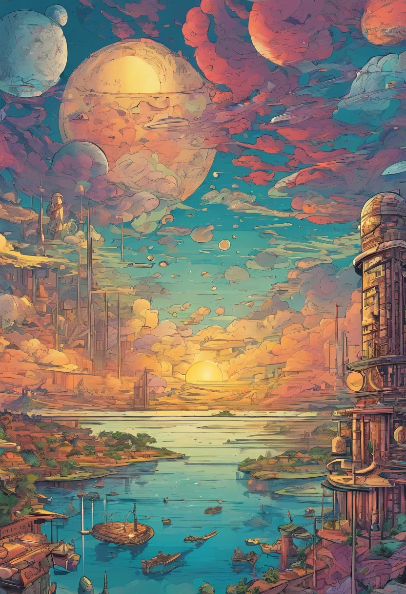 Horizontal plates,large scene,Front view,Future science fiction,utopian