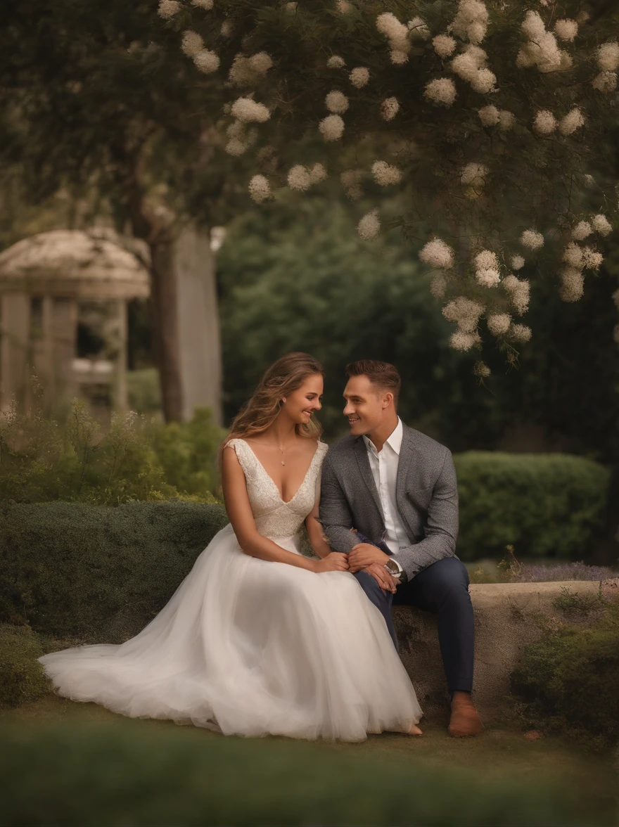 A lovely light-skinned couple standing in a beautiful garden, Surrounded by blooming flowers and lush greenery. The couple had big smiles on their faces, Exudes joy and happiness. Their eyes are filled with deep love and affection. The girl has beautiful and delicate eyes and lips, Long eyelashes and rosy cheeks stand out. She wore a flowing summer dress,The colors are soft and pastel, The boys, on the other hand, wore crisp white shirts and jeans,wearing casual. The sun gently illuminates their faces, It radiates a warm and romantic glow. The scene is captured in a vibrant one, High-resolution painting with ultra-delicate brushstrokes. Every petal of the flower, Every strand of their hair, Every blade of grass is meticulously depicted. The colors are vivid and true to life, Create realistic effects. The overall composition exudes a sense of gentleness and intimacy, It shows the couple's deep connection and love for each other.