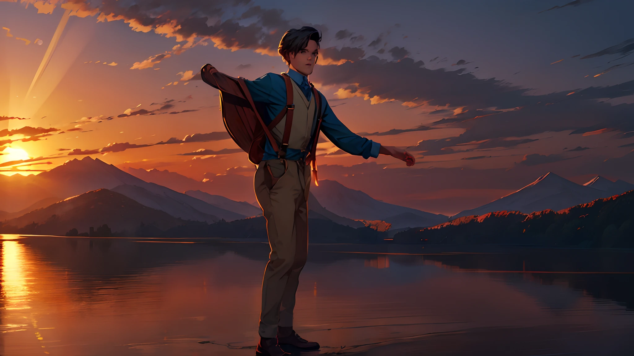 the sunset,eventide,Suspenders,Stand on top of the mountain with your feet,Boy student,Turning around,Split head