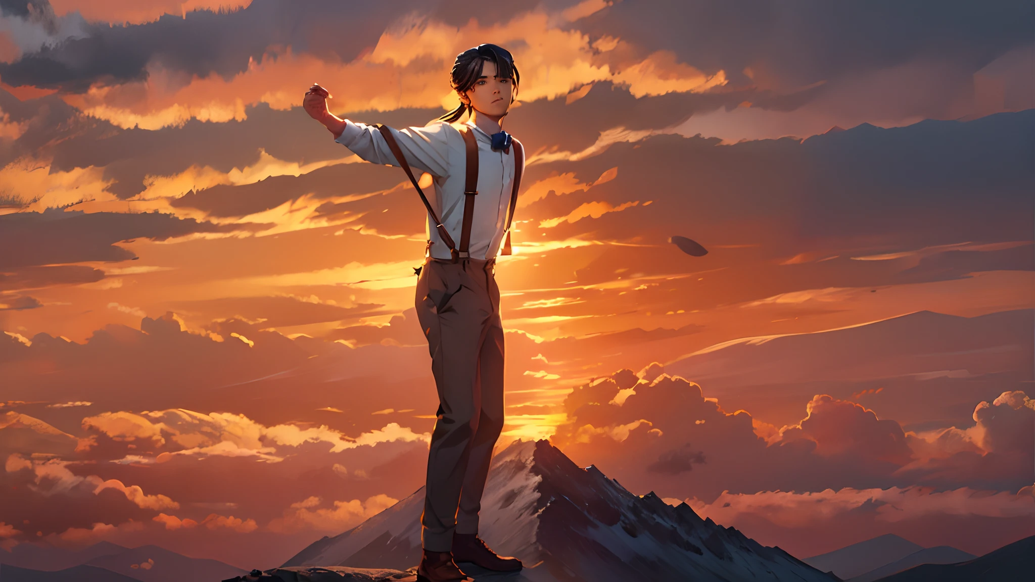 the sunset，eventide，Suspenders，Stand on top of the mountain with your feet，Boy student，Turning around，middle parted hairstyle
