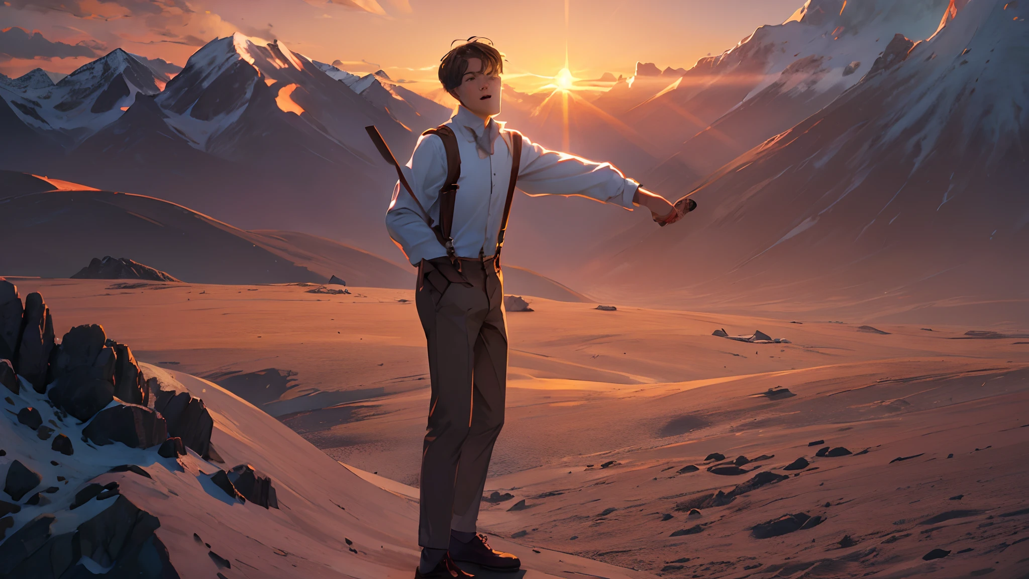 the sunset，eventide，Suspenders，Stand on top of the mountain with your feet，，Turning around，Split head