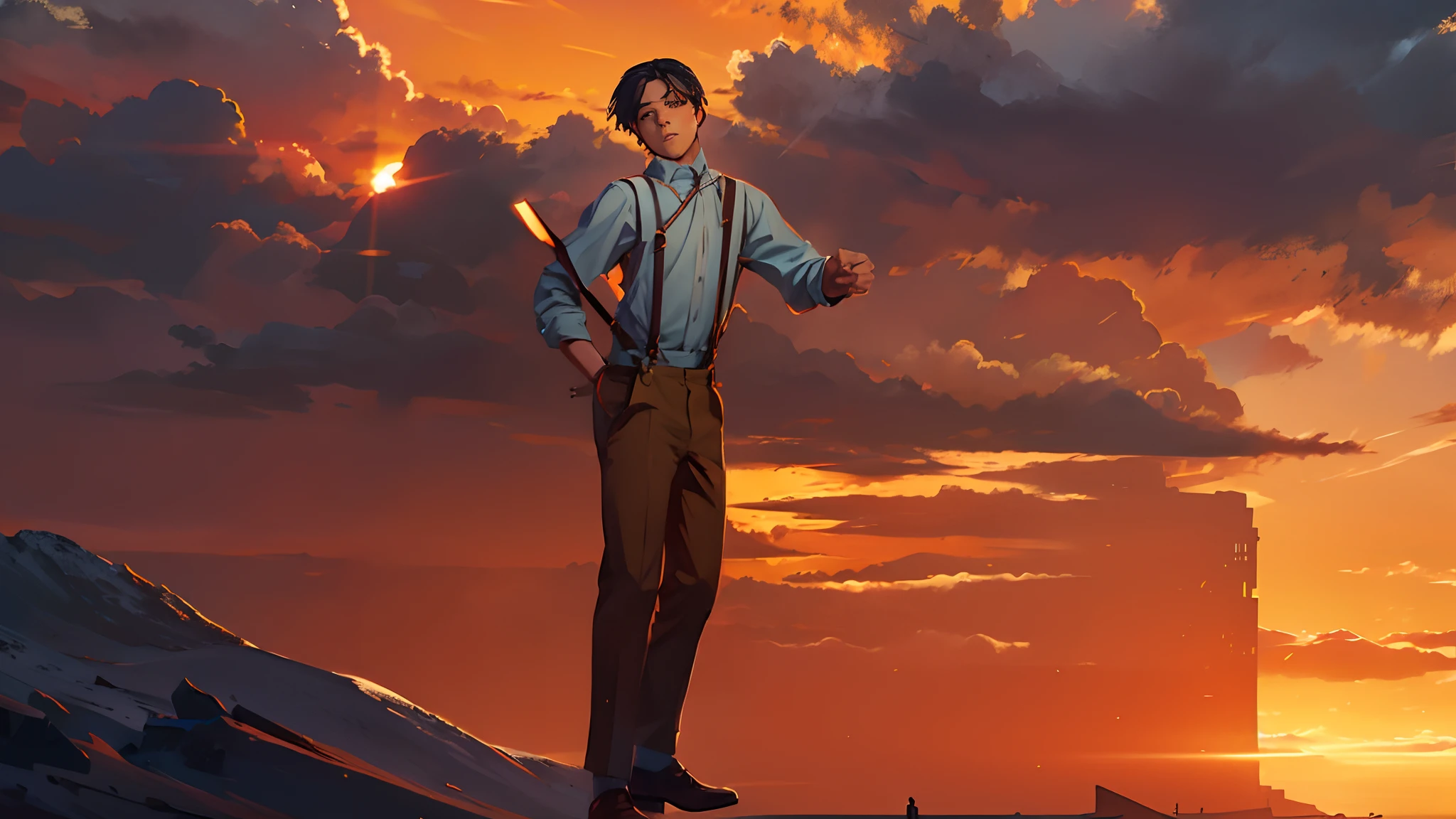 the sunset，eventide，Suspenders，Stand on top of the mountain with your feet，Boy student，Turning around，Split head
