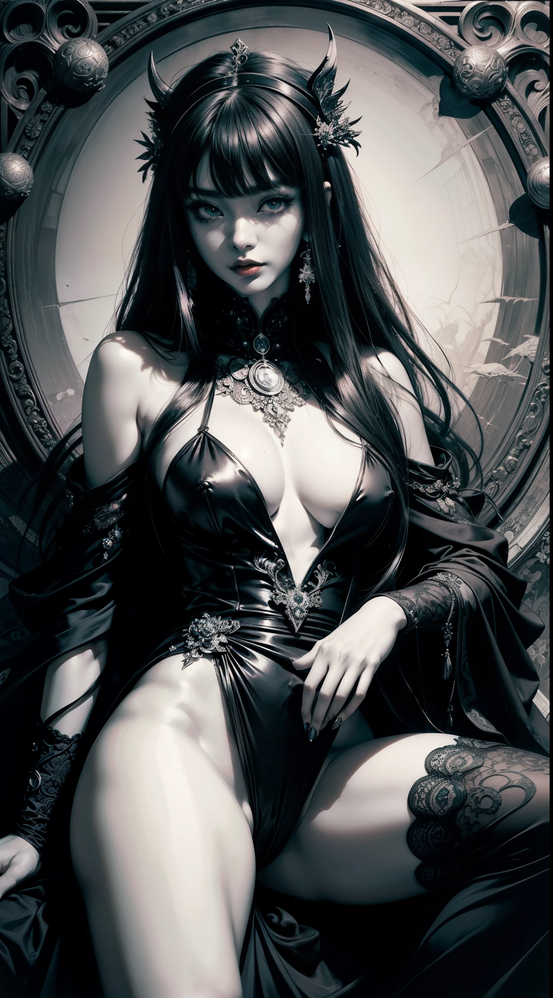 monochrome,bw,Nsfw,Naked,A nude devil woman with a black and white body stocking dress holding a red lipstick,Satan,succubus,blue Eyes,detailed patterns of clothes,erotic posing,spread legs,pussy,anal,busty,detailed Gothic background,darkness fantasy background,inspired by Robert McGinnis, inspired by Grete Stern, style of Takato Yamamoto, Guido Crepax, Guido Crepax-style, Amano, Vania Zouravliov, inspired by Leonor Fini, Nagao Shusei, inspired by Yamamoto Takato.inspired by klimt and mucha.

Tags: beautiful detailed eyes, beautiful detailed lips, extremely detailed eyes and face, long eyelashes, (best quality:1.2), ultra-detailed, (realistic:1.37), oil painting, color contrast, high resolution, black and white dress, red lipstick, Robert McGinnis-inspired, Grete Stern-inspired, Takato Yamamoto style, Guido Crepax style, Amano-inspired, Vania Zouravliov-inspired, Leonor Fini-inspired, Nagao Shusei-inspired, Yamamoto Takato-inspired, vivid colors, dramatic lighting, striking composition, intriguing atmosphere, feminine elegance.