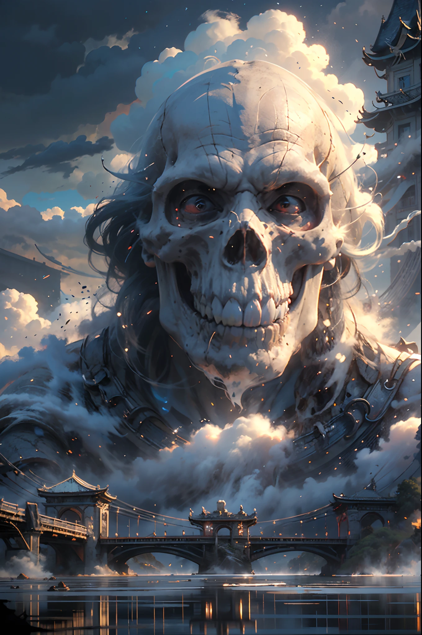 BJ_Sacred_beast, Skull, outdoors, sky, day, cloud, water, blue_sky, no_humans, cloudy_sky, building, scenery, reflection, monster, bridge, fog,
cinematic lighting,strong contrast,high level of detail,Best quality,masterpiece,White background,