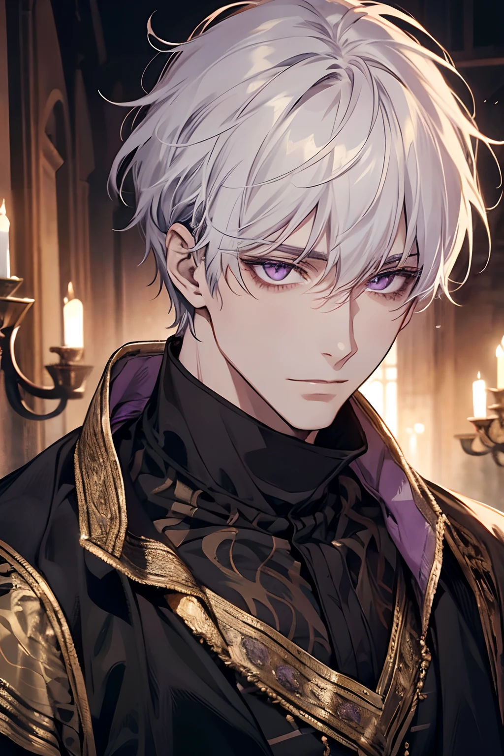 1male, calm, age 35 face, short messy with bangs, white hair, amethyst colored eyes, royalty, prince, black clothes, in a castle, close up, medieval times