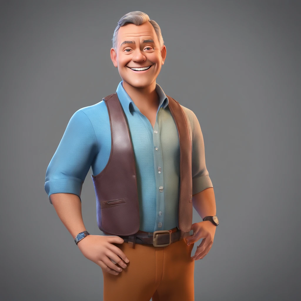 Crie um cartaz inspirado na Disney Pixar com o personagem sendo o apresentador Graham Norton, Um homem de cabelos grisalhos, usando roupas casuais, in a radio studio