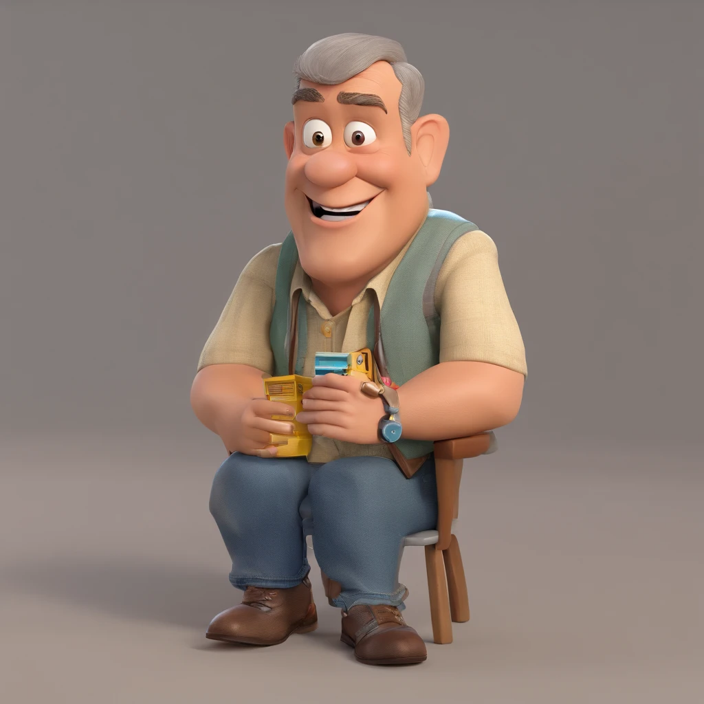 Crie um cartaz inspirado na Disney Pixar com o personagem sendo o apresentador Graham Norton, Um homem de cabelos grisalhos, usando roupas casuais, in a radio studio