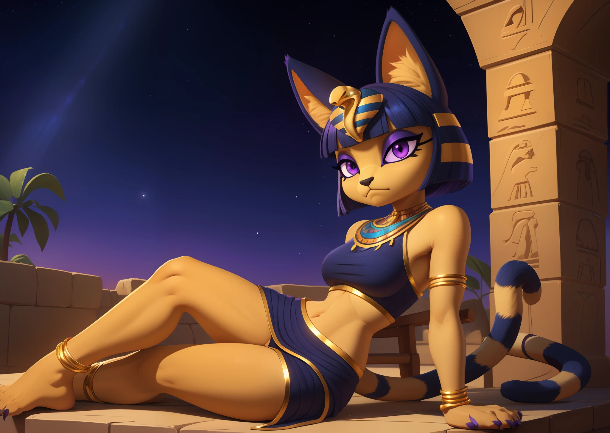 [ankha; Animal Crossing], [Uploaded to e621.net; (Pixelsketcher), (wamudraws)], ((masterpiece)), ((HD)), ((solo portrait)), ((full body)), ((front view)), ((feet visible)), ((furry; anthro)), ((detailed fur)), ((detailed shading)), ((beautiful render art)), ((cinematic lighting)), {anthro cat; (slim figure), yellow fur, black nose, (cute purple eyes), (indigo eyeshadow), (egyptian eye make-up), cat ears, long cat tail, (gorgeous wide hips), (small boobs), (beautiful legs), (beautiful paws), (black claws), (frown)}, {(tight white dress), (colorful necklace), (detailed snake headwear), (blue bracers), (gold anklets)}, {(on lounge chair), (laying on side), (hands on hips), (looking at viewer)}, [background; (sandstone walls), (club), (torch in background), (starry sky), (sun rays)]