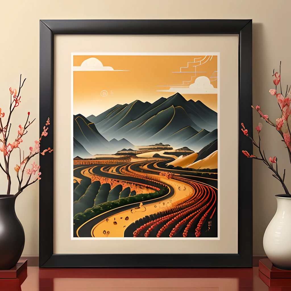 Chinese traditional landscape painting,Linear style, bold intricate ink illustration, intricate illustration, Honey fruit, Style poster, wine