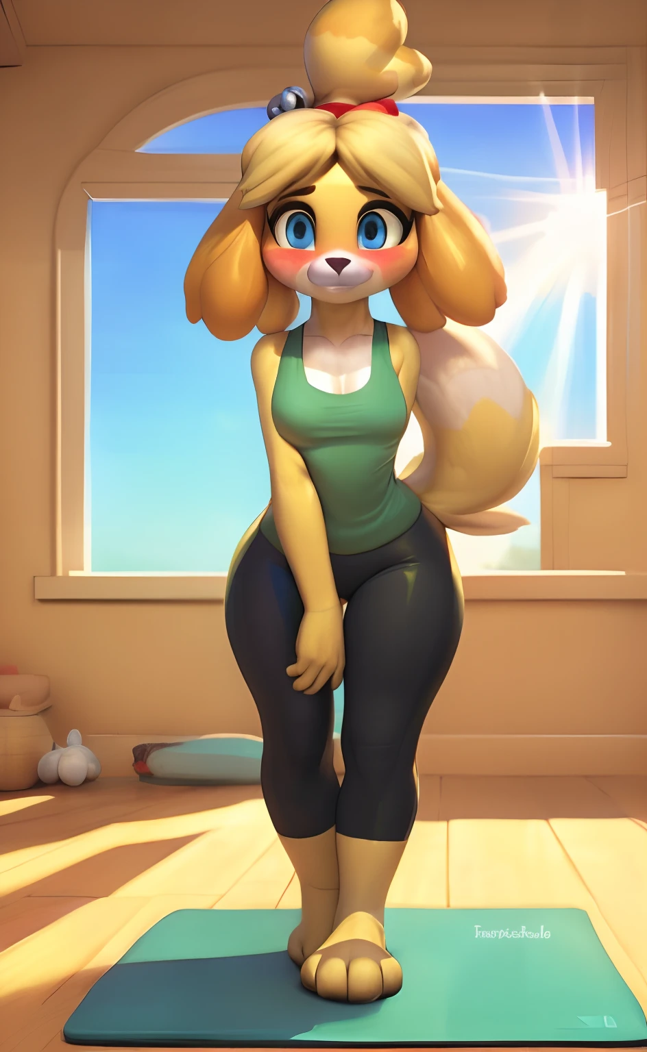 [Coco bandicoot], [Uploaded to e621.net; (Pixelsketcher), (wamudraws)], ((masterpiece)), ((solo portrait)), ((back view)), ((furry; anthro)), ((detailed fur)), ((raytracing)), ((detailed shading)), ((beautiful 3D art)), ((feet visible)), {anthro; (orange fur, black nose), (cute green eyes), cute smile, blonde curly hair, curly ponytail}, {(yoga outfit), (pink sports bra), (pink pants), (small boobs), (barefoot), (pink flower in hair), (beautiful defined legs)}, {(doggystyle), (all fours), (on yoga mat)}, [background; (open room), (window), (sun rays)]