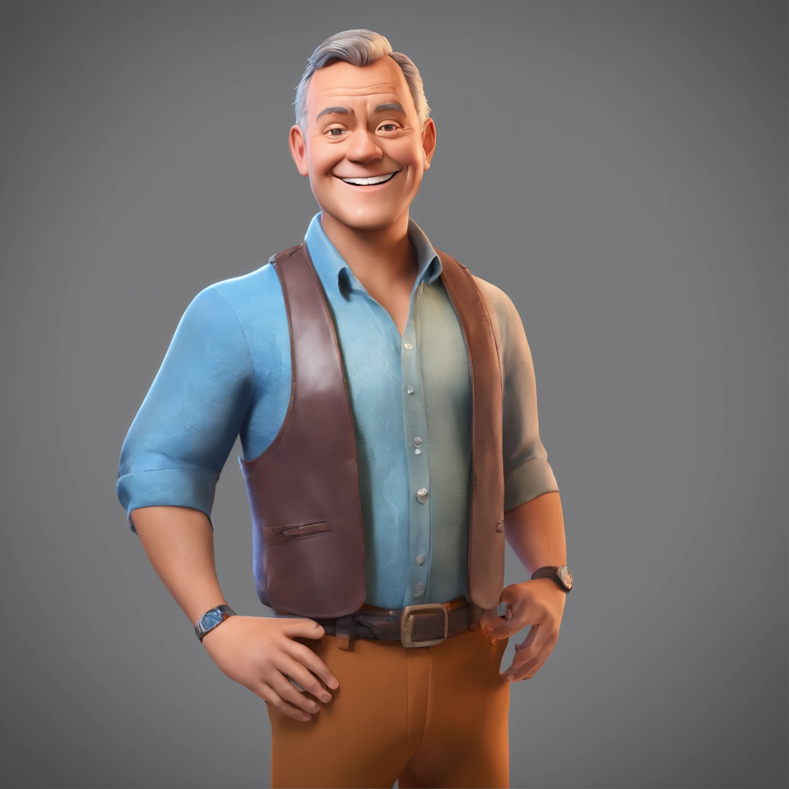 Crie um cartaz inspirado na Disney Pixar com o personagem sendo o apresentador Graham Norton, Um homem de cabelos grisalhos, usando roupas casuais, in a radio studio