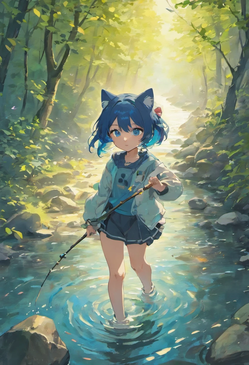 Little girl, petite body, cat ears, blue eyes, black hair, Fishing in a big river, falling leaves, beautiful looking river rocks