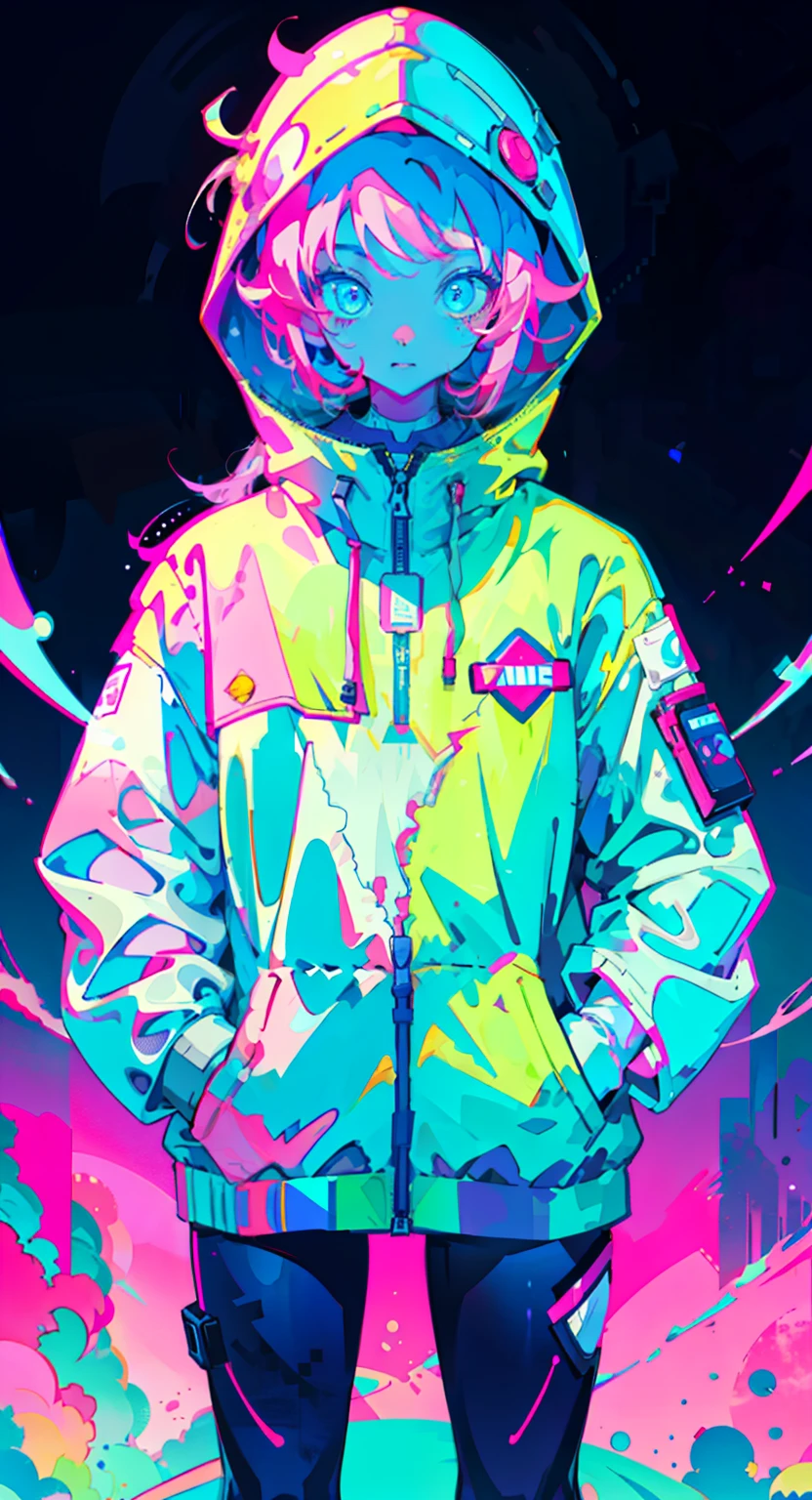 Masterpiece, Best Quality, High Quality, High definition, High quality, anime girls, Dressed in an astronaut suit, Neon pink and blue colors, scar, sticker, Neon style in full shot, With your hands in your pockets, expressionless, black background