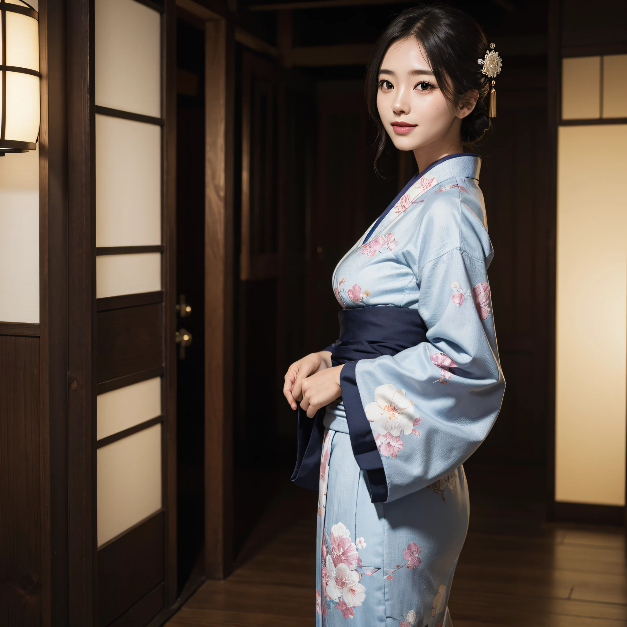 8kウルトラHD, Digital SLR,Film Grain, Fujifilm XT3,(Highest quality:1.3), (masterpiece:1.1), High resolution, Cinematic Light, Intricate details, (Realistic) (Night view) Realistic backlight、Dramatic reddish light、Beautiful Japanese Geisha full body photo, ((Facial texture Pore details)), Grin、Devilish smile, Shimada hairstyle, She wears a blue satin kimono decorated with traditional floral motifs..., , 8k, Front blur: