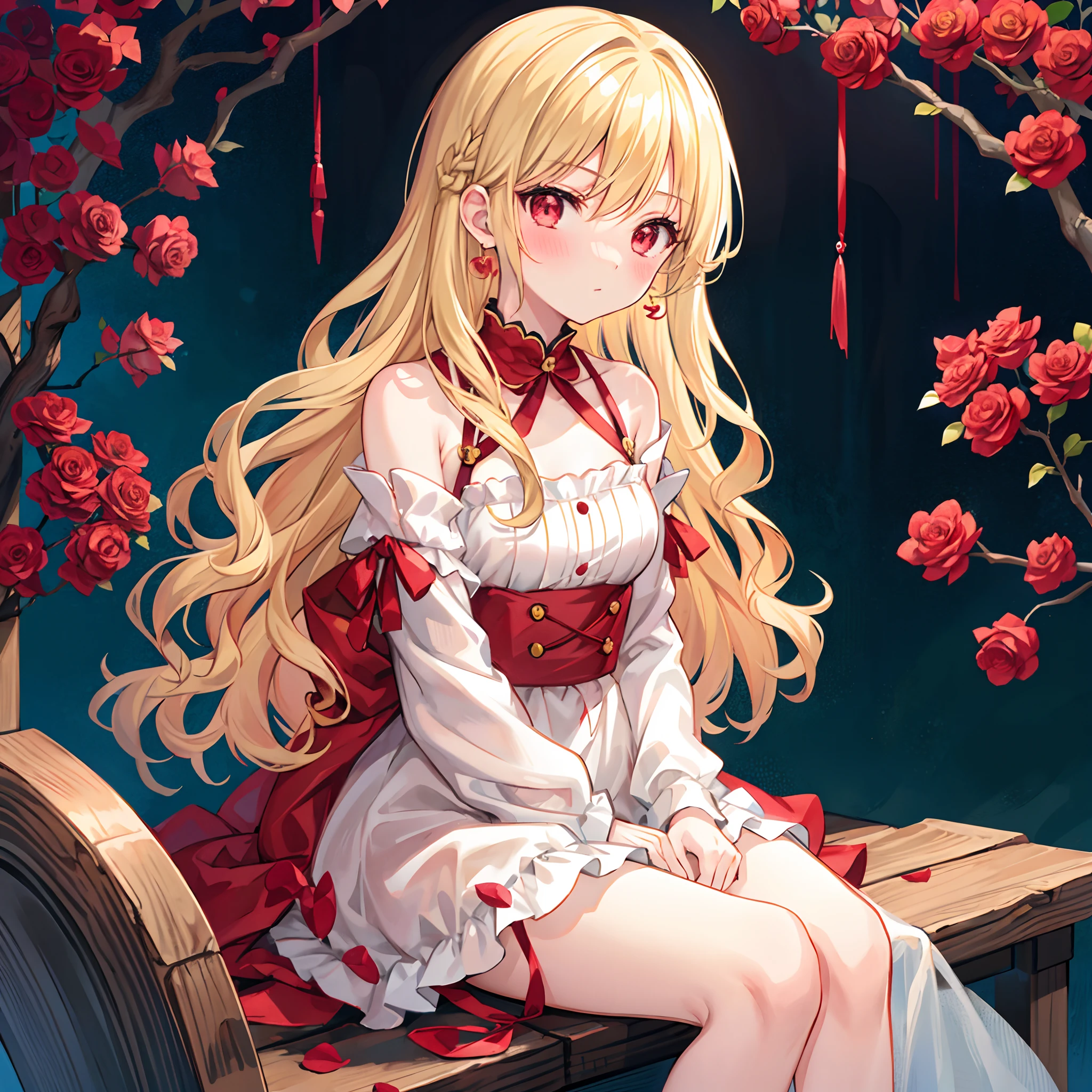 Wavy blonde hair、Young girl with red eyes、Sitting surrounded by roses、Small earrings、red blush、off shoulders、