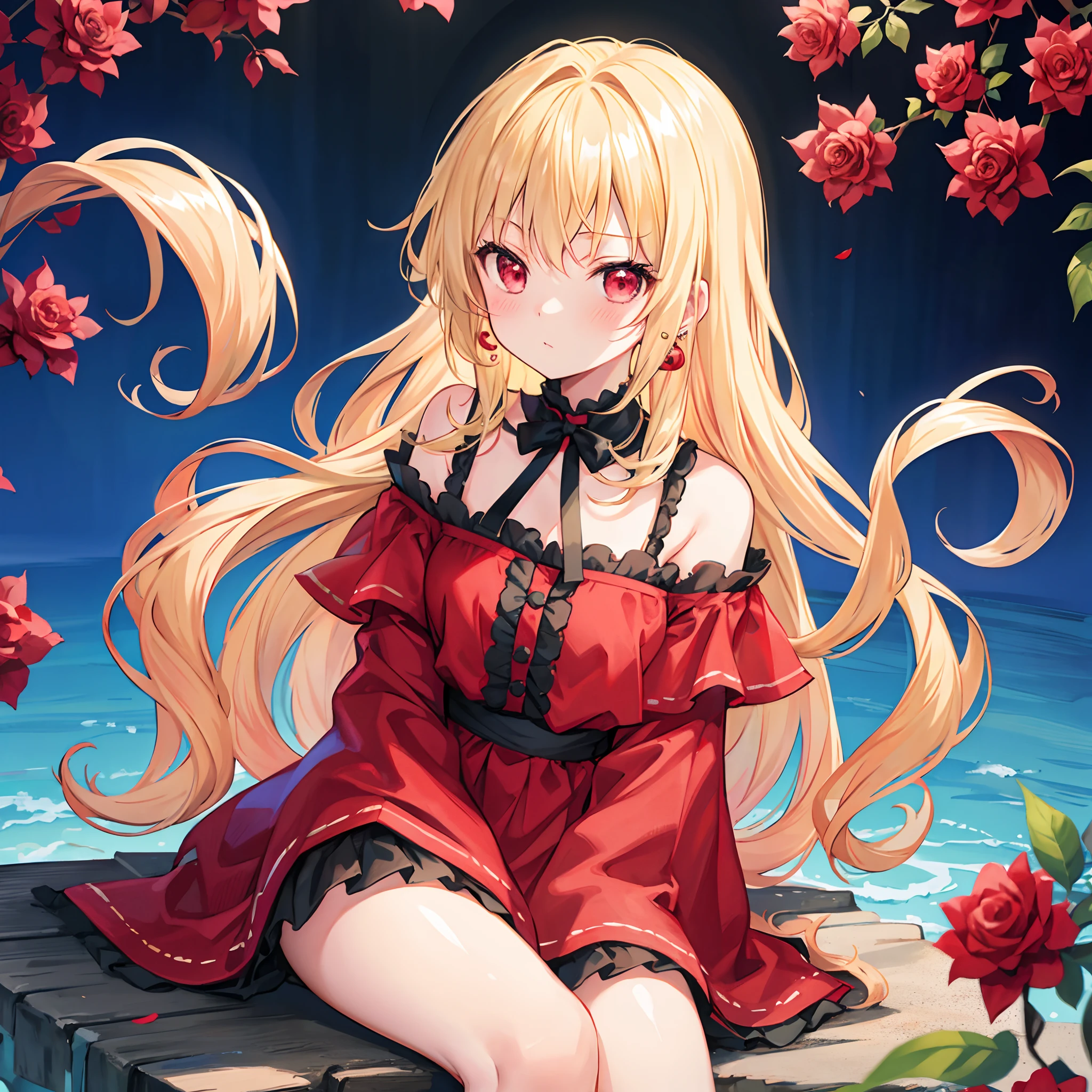 Wavy blonde hair、Young girl with red eyes、Sitting surrounded by roses、Small earrings、red blush、off shoulders、