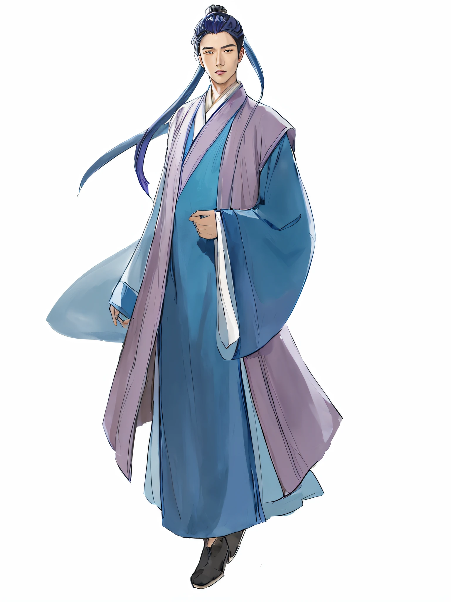 Close-up of a man in a blue and purple dress, flowing hair and long robes, flowing magical robe, wearing a long flowing robe, Flowing robes, wearing a long flowing robe, Inspired by Xu Xian, ((wearing aristocrat robe)), cotton cloud mage robes, inspired by Wu Daozi,Inspired by Xu Xian