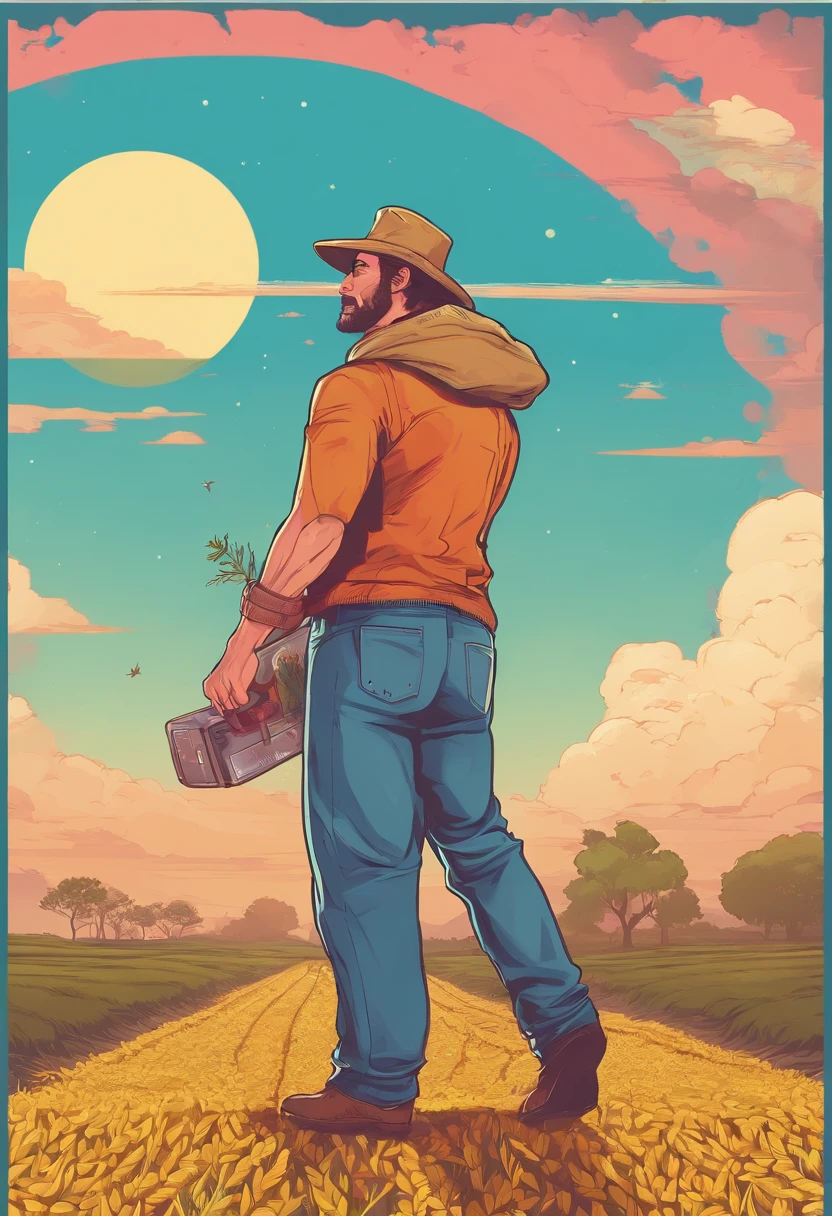 Agricultor velho que transporta carga plana, caminhando ao longo de caminho sinuoso no campo, lua grande, Reflected Jupiter, grandes nuvens, blue skies, Campos de arroz, mudas de arroz puro em campos, Floresta, encosta, isolado, Rural area, Detalhe HD, hiper detalhe, Film, Surrealismo, luz suave, Foco de Campo Profundo Bokeh, ray tracing, Surrealismo. --V6