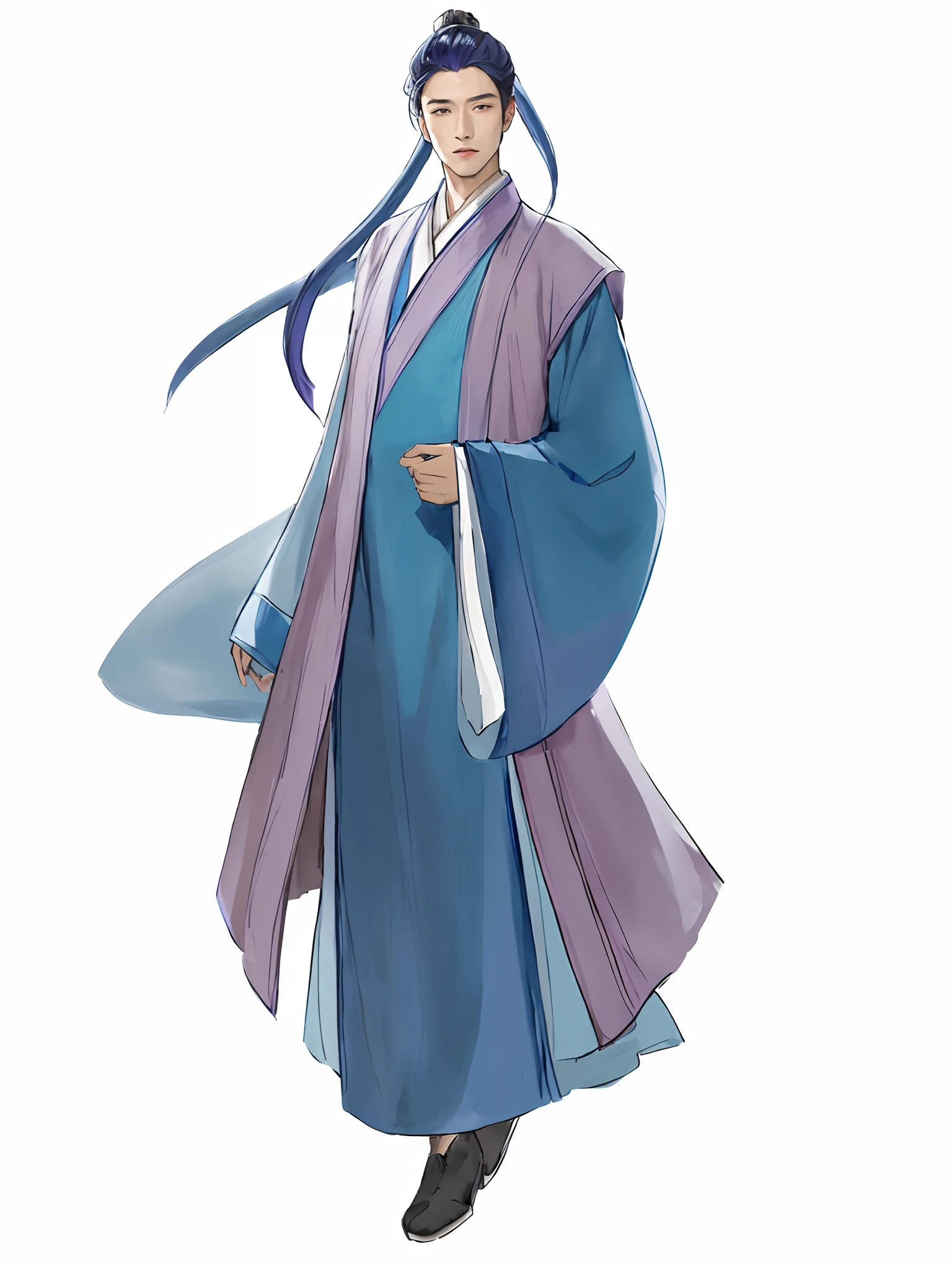 Close-up of a man in a blue and purple dress, flowing hair and long robes, flowing magical robe, wearing a long flowing robe, Flowing robes, wearing a long flowing robe, Inspired by Xu Xian, ((wearing aristocrat robe)), cotton cloud mage robes, inspired by Wu Daozi,Inspired by Xu Xian
