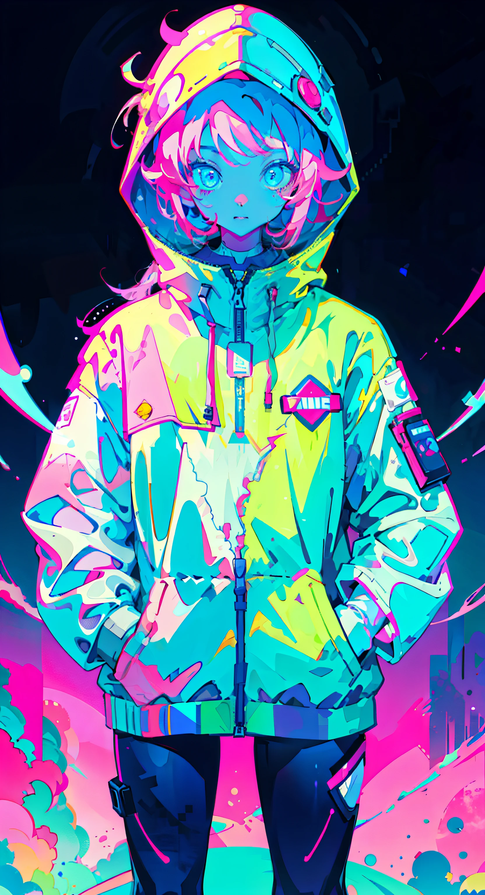 Masterpiece, Best Quality, High Quality, High definition, High quality, anime girls, Dressed in an astronaut suit, Neon pink and blue colors, scar, sticker, Neon style in full shot, With your hands in your pockets, expressionless, black background