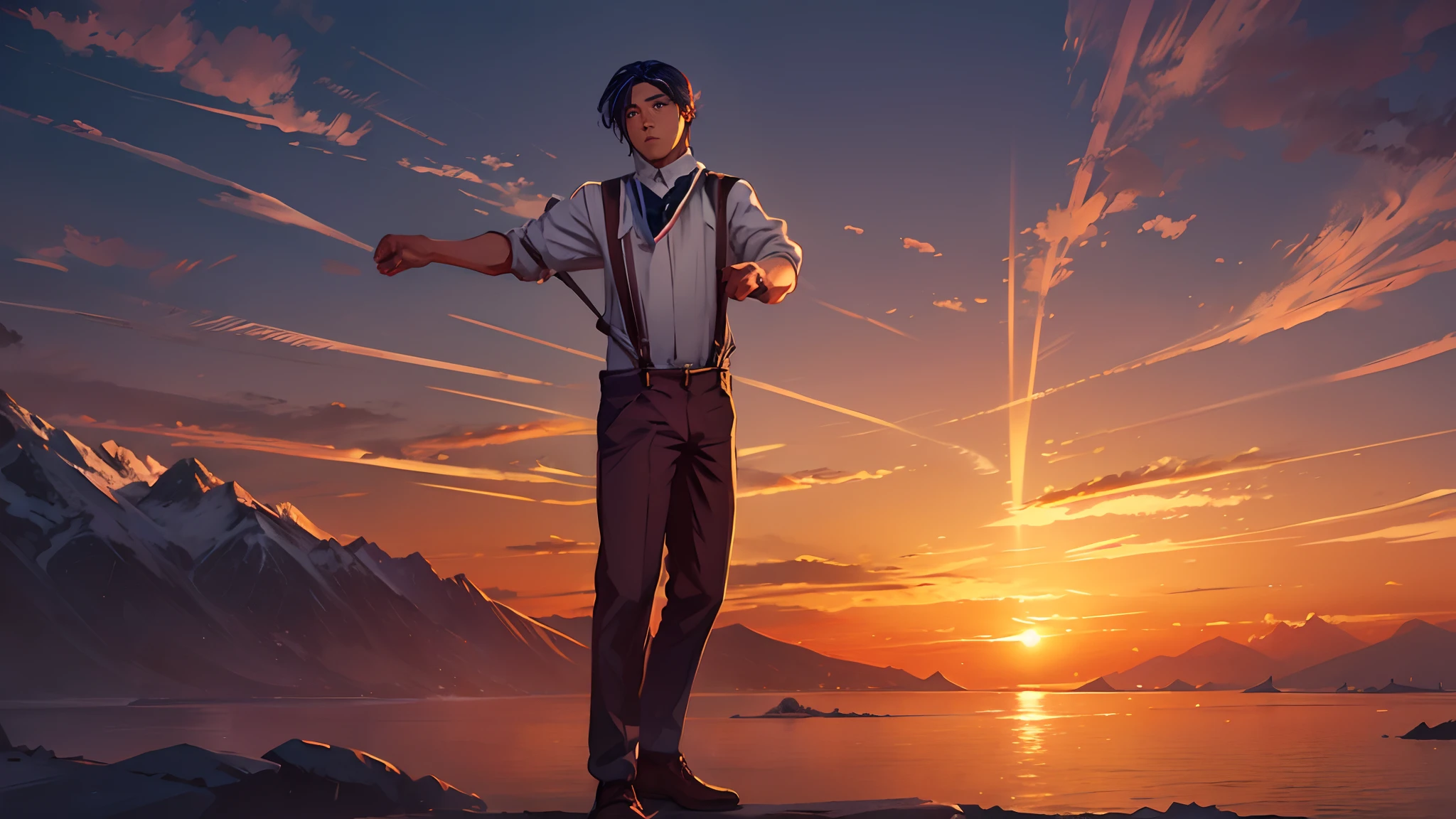 the sunset，eventide，Suspenders，Stand on top of the mountain with your feet，，Turning around，middle parted hairstyle