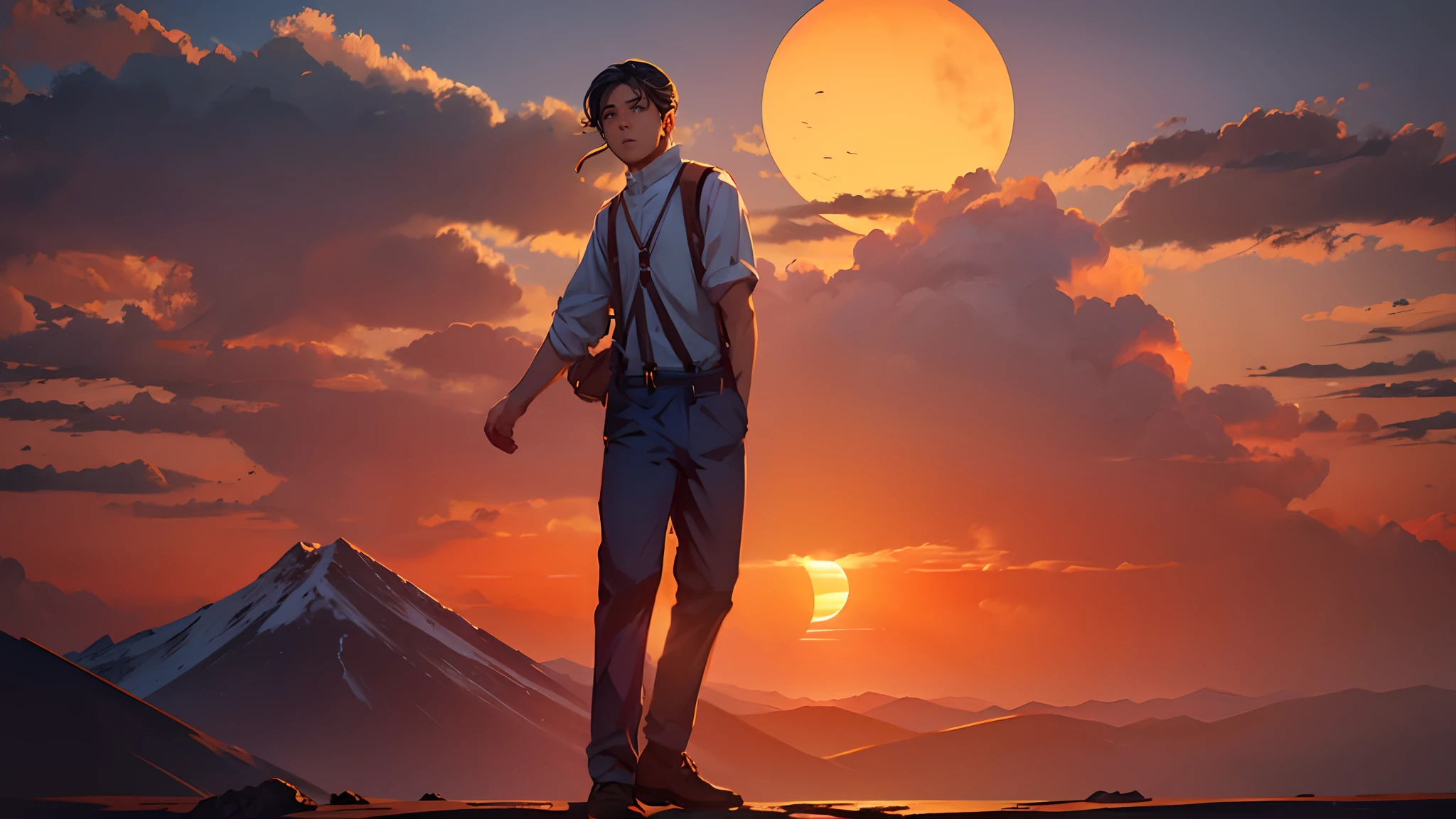 the sunset,eventide,Suspenders,Stand on top of the mountain with your feet,Boy student,Turning around,middle parted hairstyle