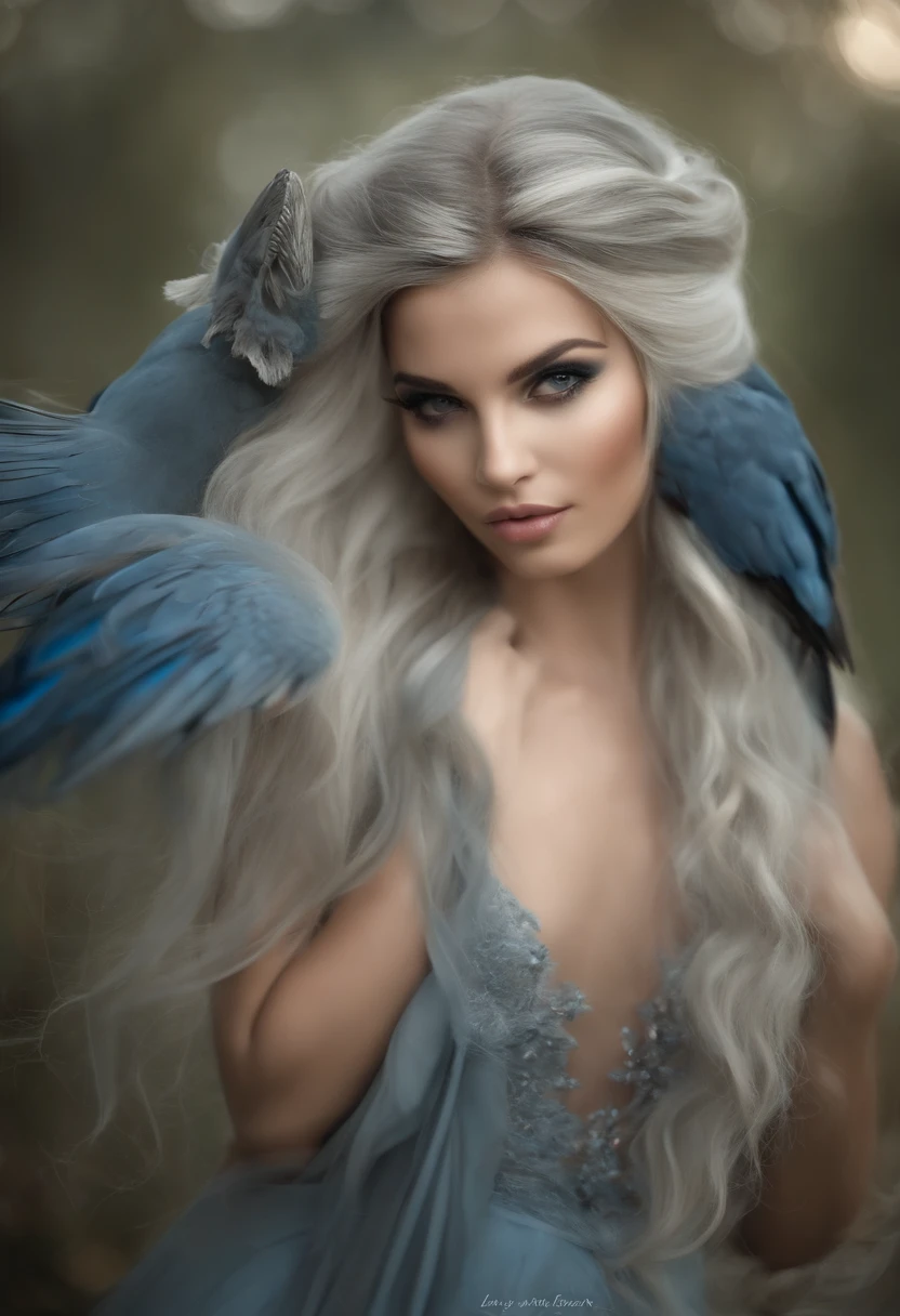best quality, altamente detalhado, master part, ultra-detalhado, Cloud, bruxa_kalap, kalap, 1girl, heaven, azul_heaven,dia, Longas_Hair, Nublado_heaven, lua,bird, sozinho, prata_Hair, bruxa, ao ar livre