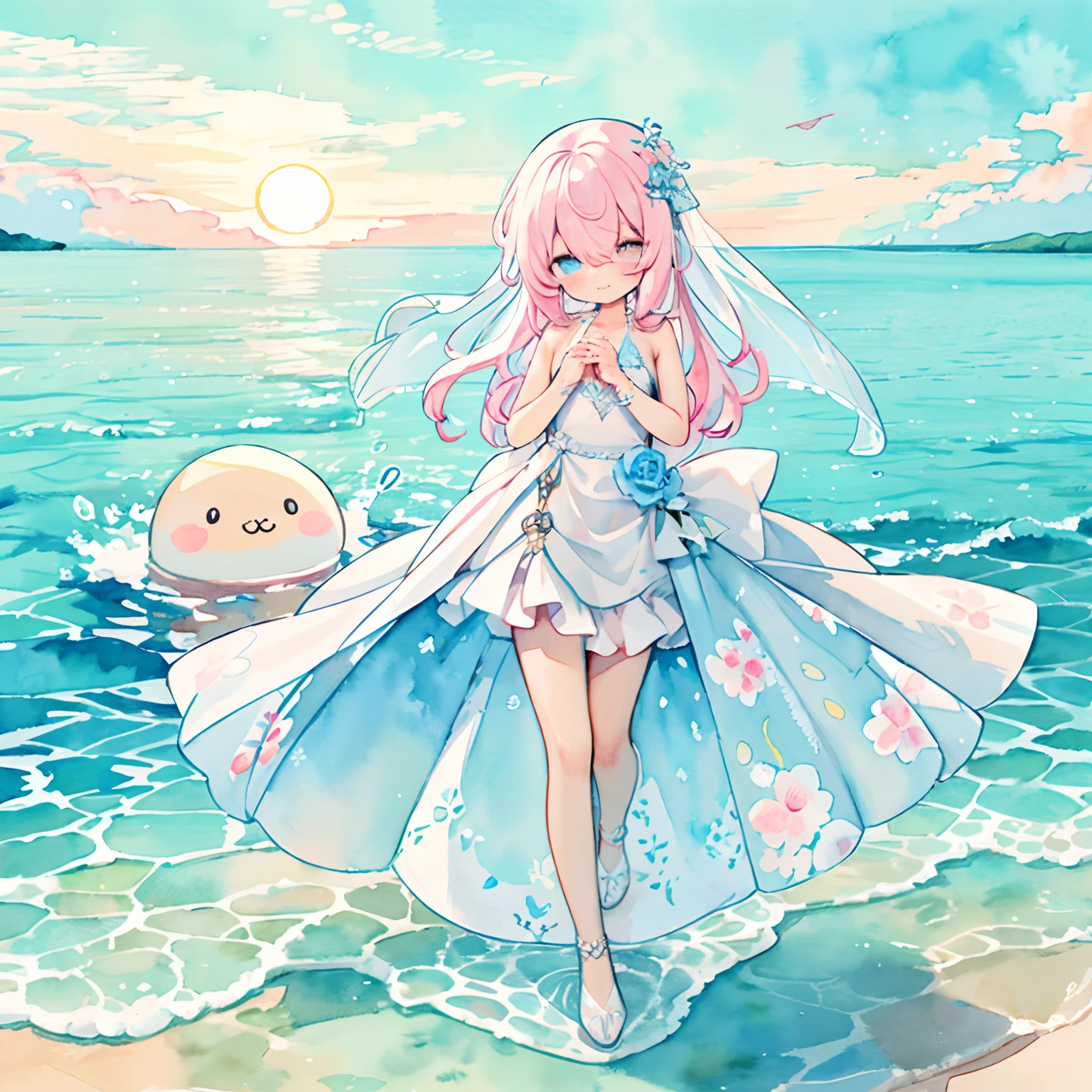 (masterpiece, Highest quality: 1.2),Barbie Doll,,colloid, Sexy Eyes,Expression of kiss,Wet pink and white sexy lips, colloid皮肤,Full Figure,Earrings((Watercolor towel)),Full Body Shot