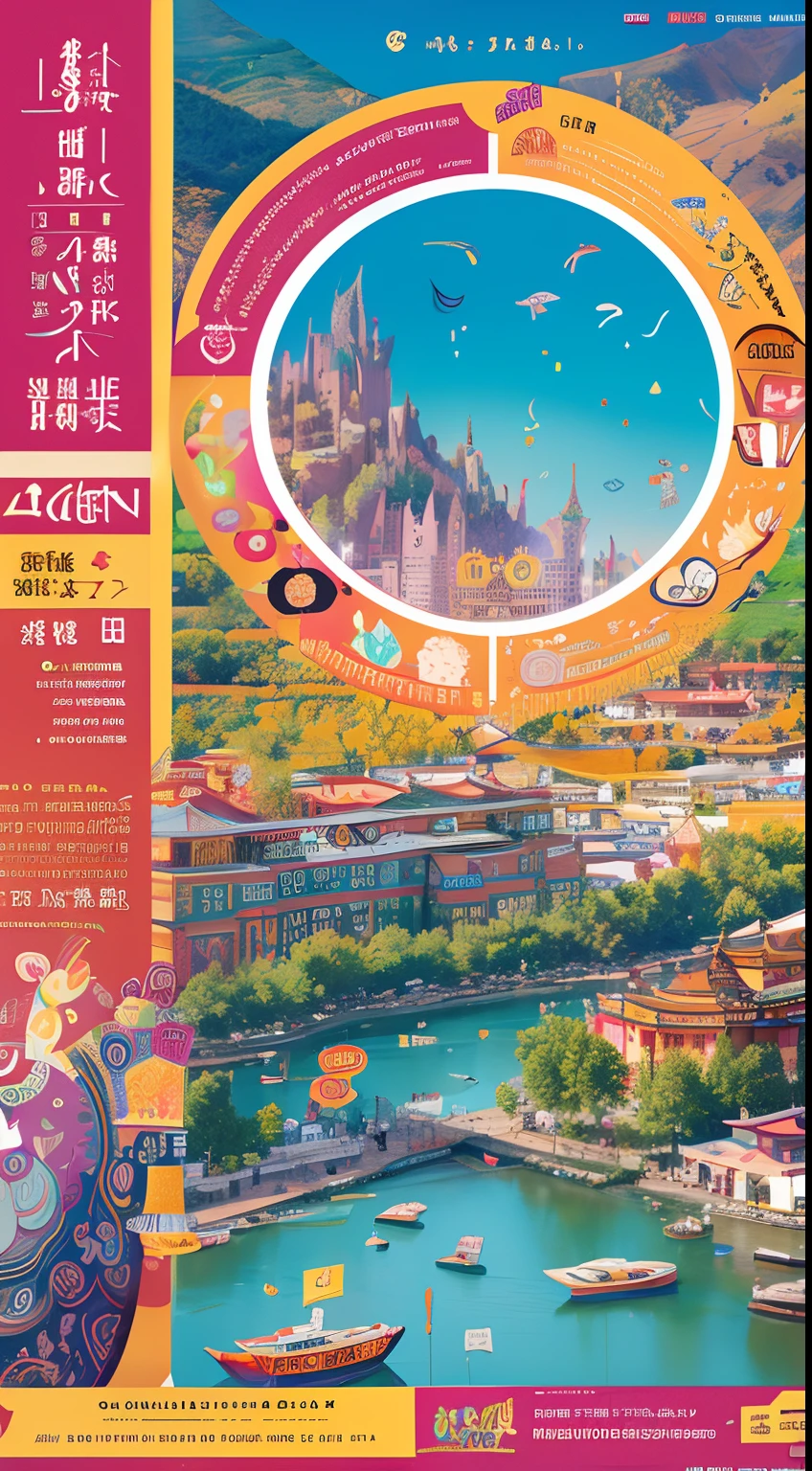 Rich and colorful Yunnan food culture、traditionalcostumes、Unique architecture、Ethnic motifs、Dynamic traffic、Vibrant colors、exquisite detailing、high-resolution illustrations、textures true to reality、Linear poster illustration style with ethereal lighting，Linear flat poster