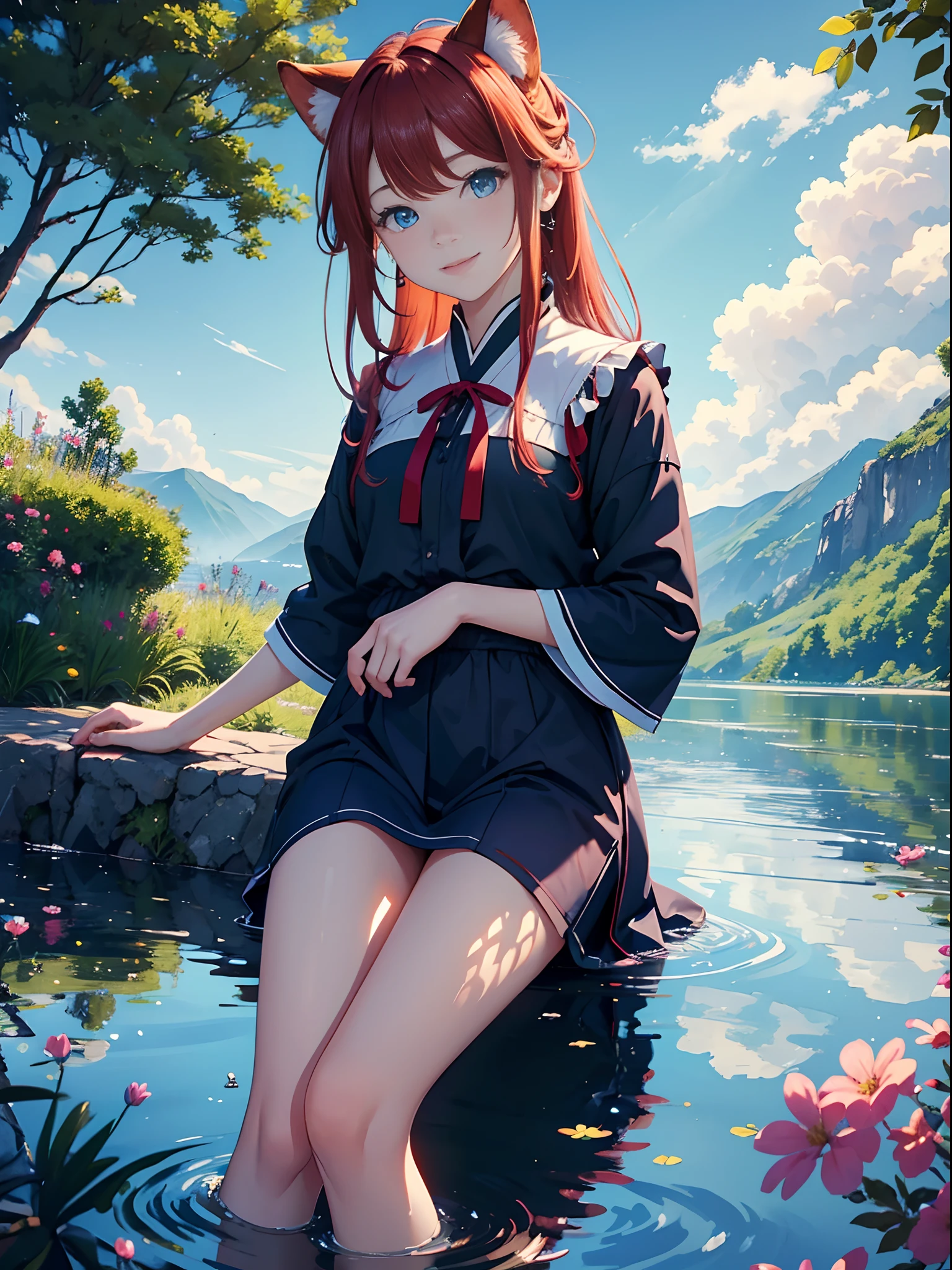 (highest quality image, Masterpiece), Detailed Landscape 1 Girl, 独奏, Vermilion hair, blue eyes, Ears, Sitting on the shore, smiles a little, Calm lake (Reflection of the bright sky),Nuances of colors,Quiet.