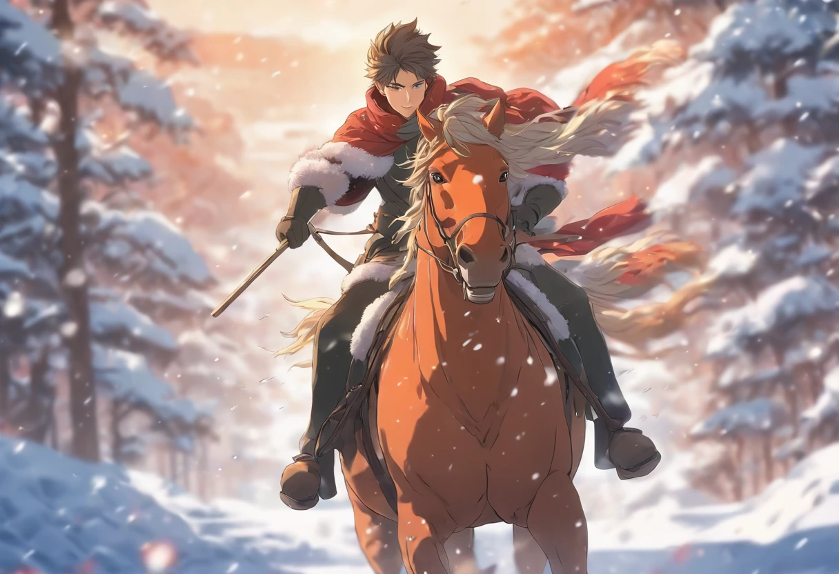 A young man rides a horse in the snow, face