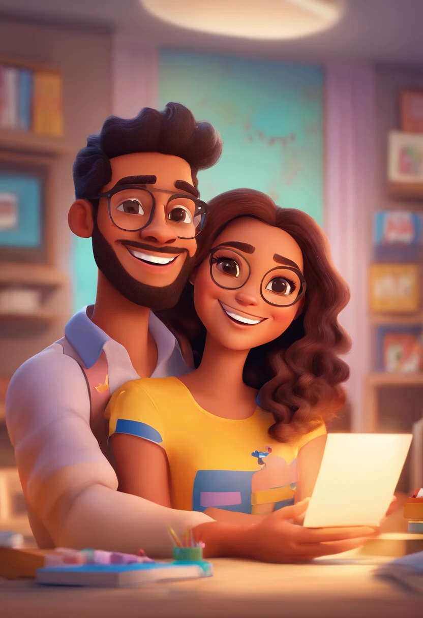 An illustration of an adorable couple, Highlight for a chubby mulatto man with glasses smiling and a brunette woman with beautiful expressive eyes - the man's skin is mulatto and the man's hair haswhile the woman's skin is black and the woman's hair is straight and brown. They are a bright room, cada um com um sorriso no rosto, e compartilhar um momento especial caracterizado pelo amor, Insights. Illustrate this scene from a perspective where they are facing the camera, Smiling and Showing Your Connection. Desenvolva esta arte em Full HD, Focus on your cinematic touch, Estilo Disney Pixar Animations
