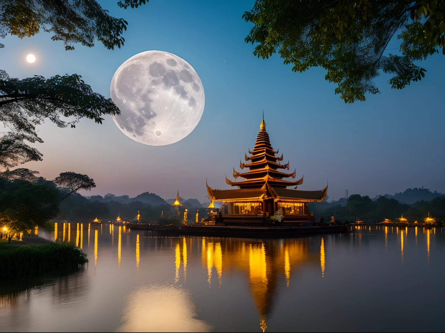 high quality, 8K Ultra HD, myanmar tazaungdaing festival, water floating lanterns in the river, pagoda background, nature, hyper realistic, full moon, candles, high detailed