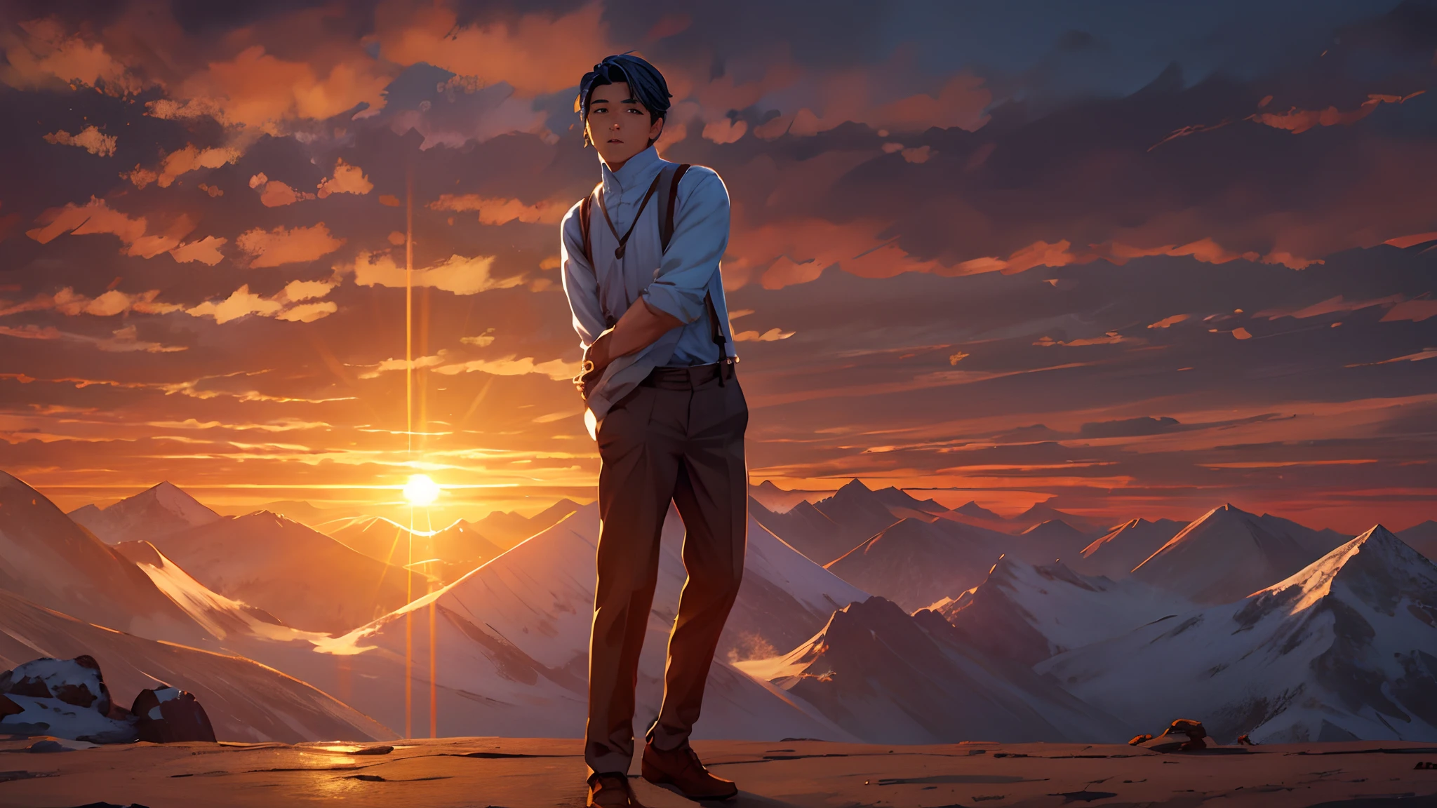 the sunset，eventide，Suspenders，Stand on top of the mountain with your feet，Boy student，Turning around，middle parted hairstyle
