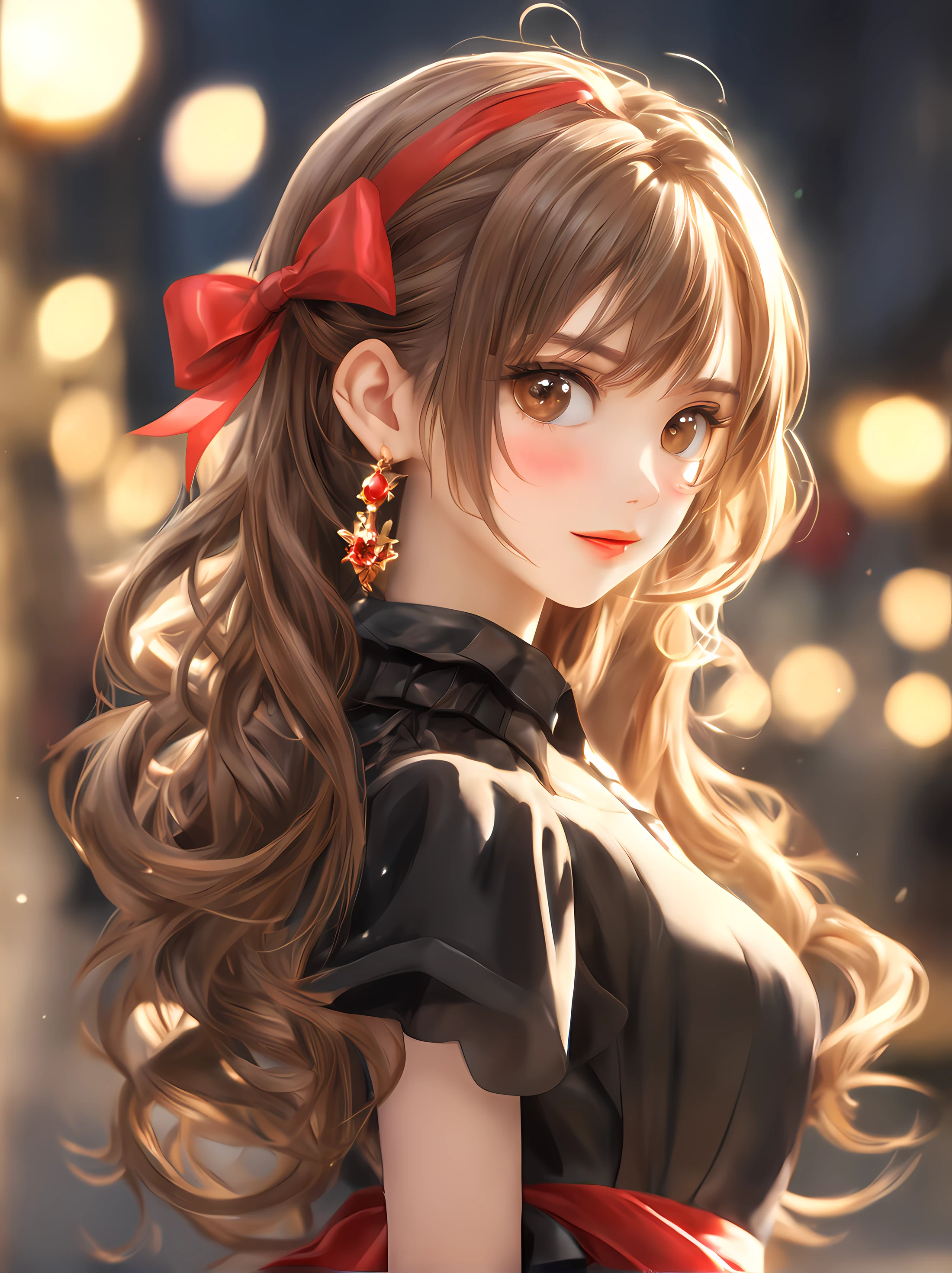 (Best Quality:1.5, Highres, UHD, 8K, Detailed Lighting, Shaders), Brown Hair, Layered hairstyle, Red Cute Ribbon, Black cute dress, (POV), Street Background, Colorful Eyeshadow, Dramatic Lighting, Sparkling Eyes, Confident Expression, Golden Earrings, Layered hairstyle, Delicate Facial Features, Soft Skin, High Cheekbones, Stylish Clothing, Street Setting, medium face portrait, Looking at viewers, Sharp Focus, Best lighting effects