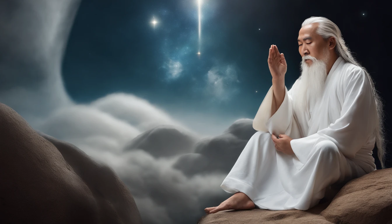 Close-up of a 30-year-old Asian middle-aged Taoist priest meditating with his eyes closed,long  white hair，A meditative，There is a white beard，Meditation cross-legged，Daoism, Wear a white robe，white sash，magic aura，Taoist master,Taoist，The entire galactic starry sky，Magnificent momentum，Rising starlight，at centre，Face the lens，Very bright colors, Light particles, with light glowing, Mshiv, wallpaper art, UHD wallpaper