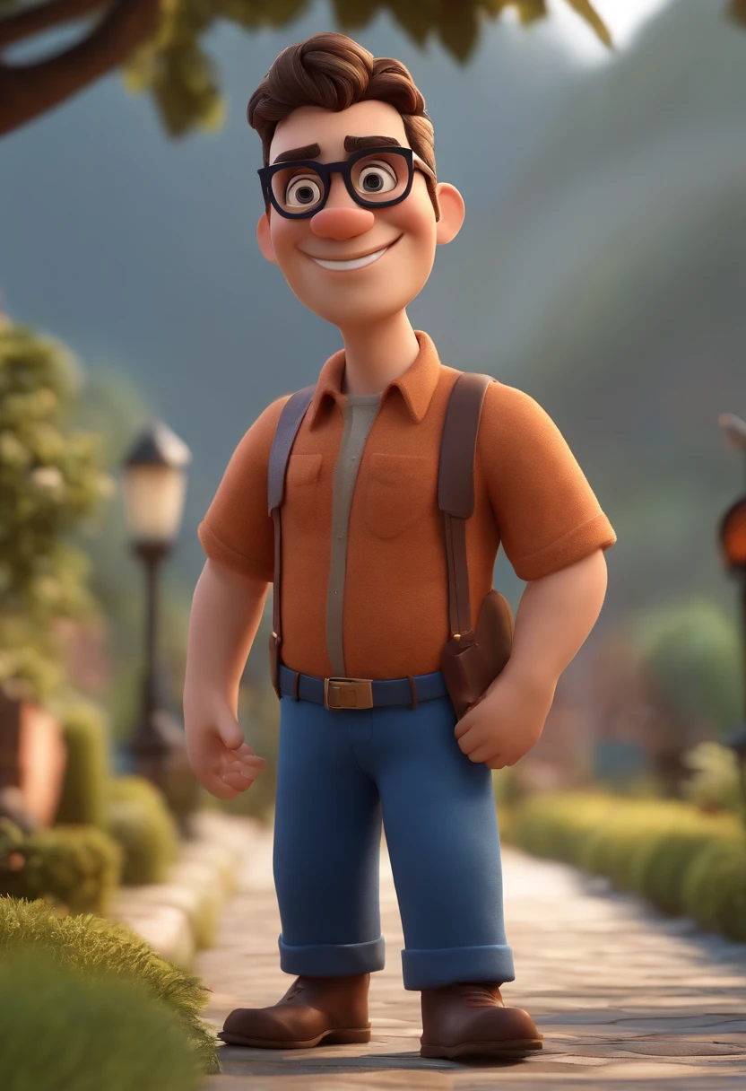 Cartoon character of a man with black glasses, cabelo cacheado marrom escuro e uma camisa azul, animation character, Caractere estilizado, animation style rendering, 3D estilizado, Arnold Maya render, 3 d render stylized, toon render keyshot, Personagem 3D, Personagem 3D, 3d rendering stylized, 3 d character render, personagem de desenho animado, Personagem de close up, Pose de personagem, (Estilo Pixar) (master part:1.2) (Bokeh) (best quality) (pele detalhada) (textura detalhada) (8k) (argila) (Cinematic lighting) (foco nítido