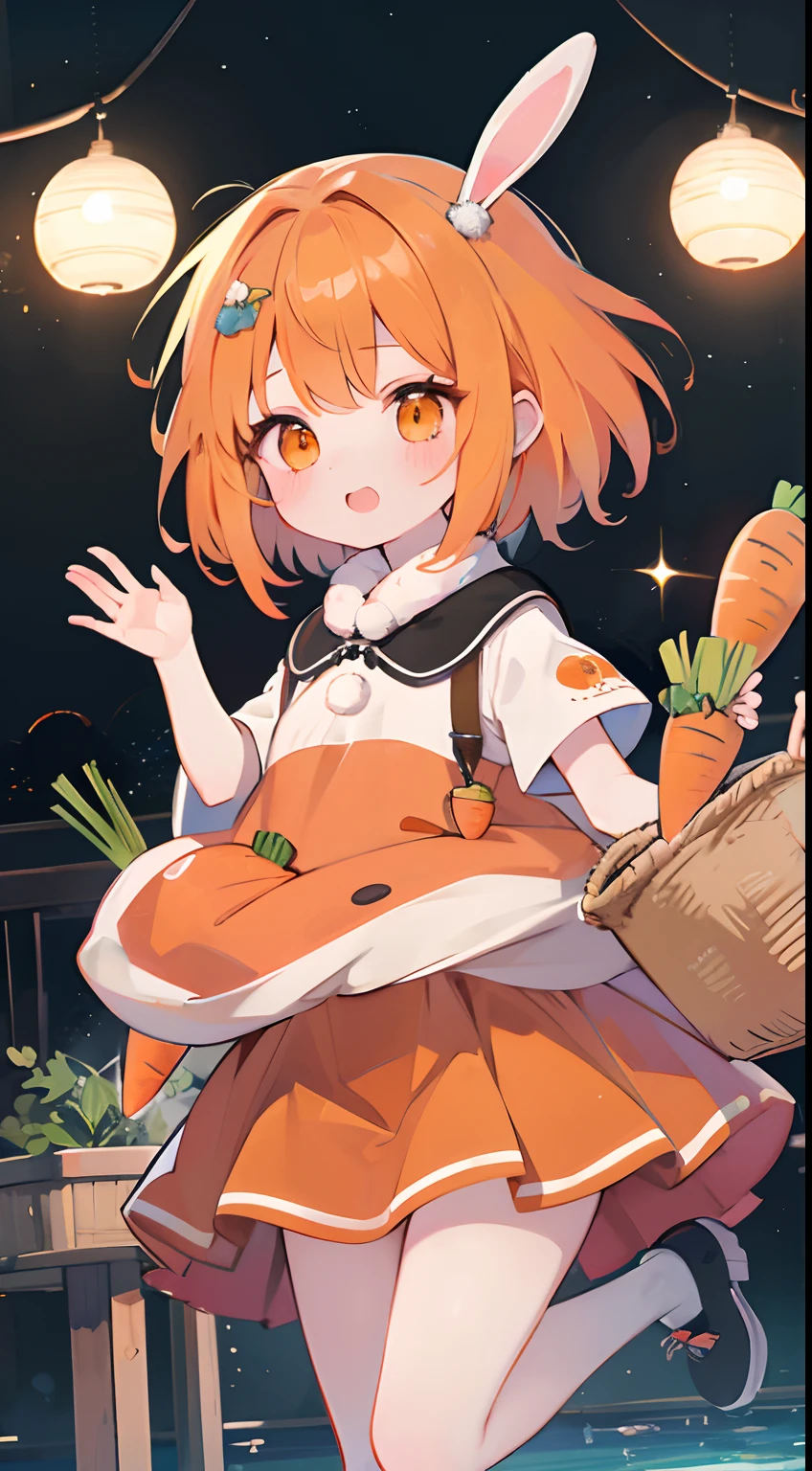 high quality, girl, shapely, young, big breasts, naked, no clothes, smiling, cute, bunny ears, holding basket in hand, (nsfw: 1.0)