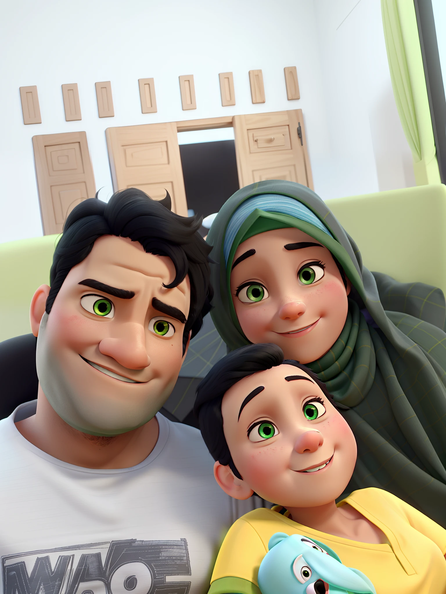 Father with black hair, Mother wearing green hijab with white skin, baby boy with black hair wearing yellow shirt, Disney pixar, disney pixar style, cartoon,