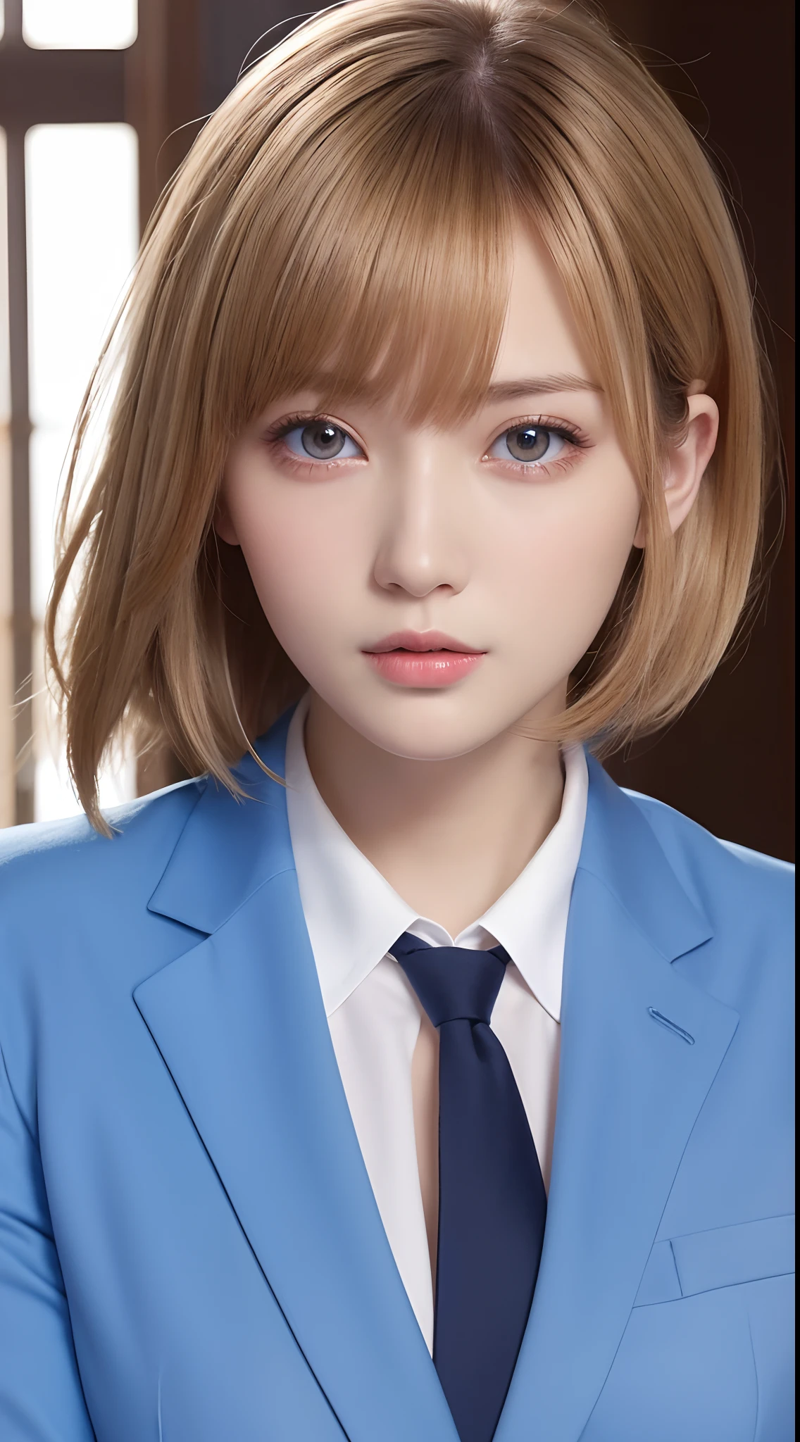 masutepiece、Best Quality、 ultra-detailliert、hight resolution、8K Wallpapers、Perfect dynamic composition,、Beautiful detailed eyes、(Beautiful breasts:1.1) 、Blue Blazer、white shirt、red necktie、1girl in、a beauty girl、Blonde head hair、short-cut、Hide the left eye with bangs、red eyes、
